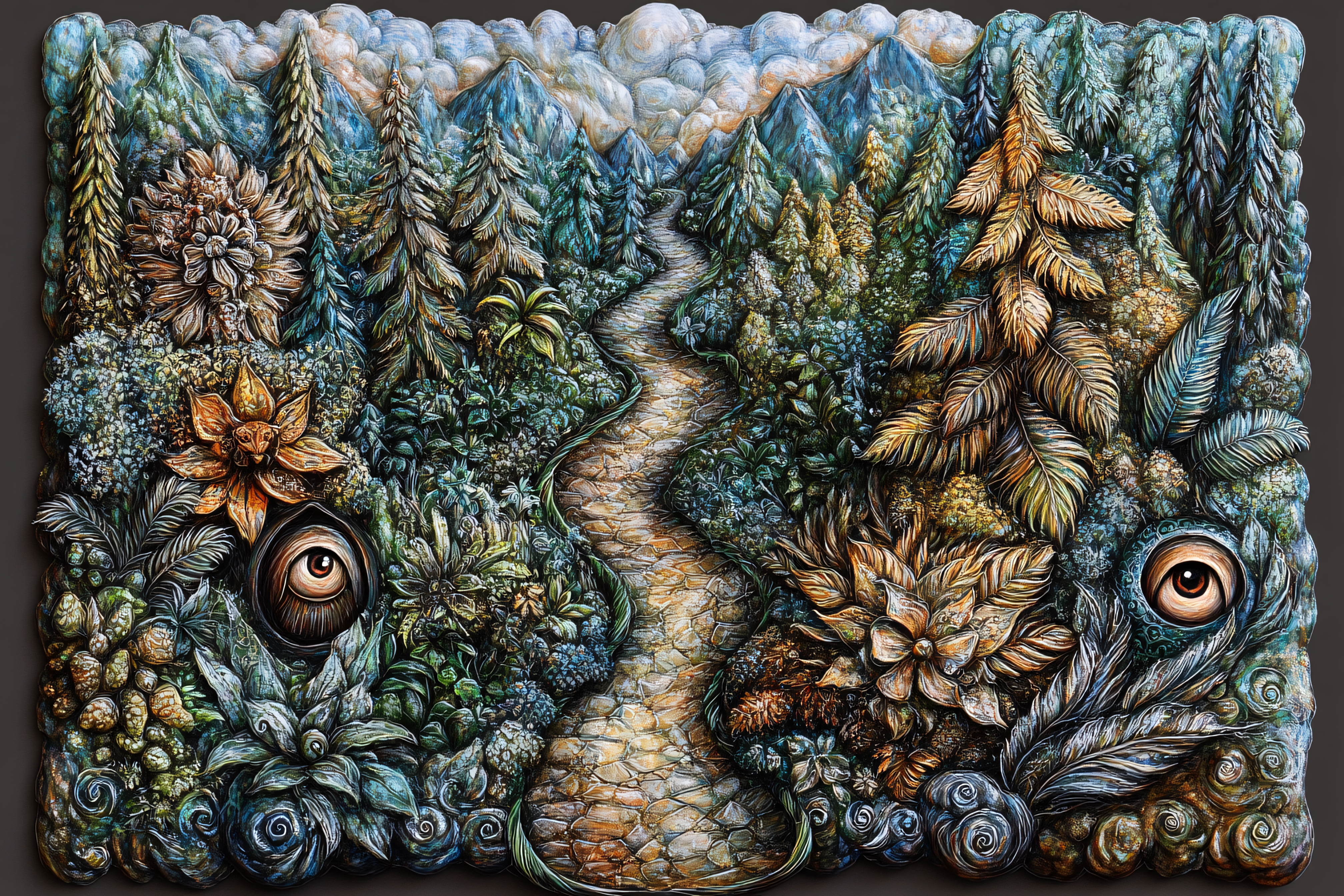 Surreal Forest Path with Hidden Eyes