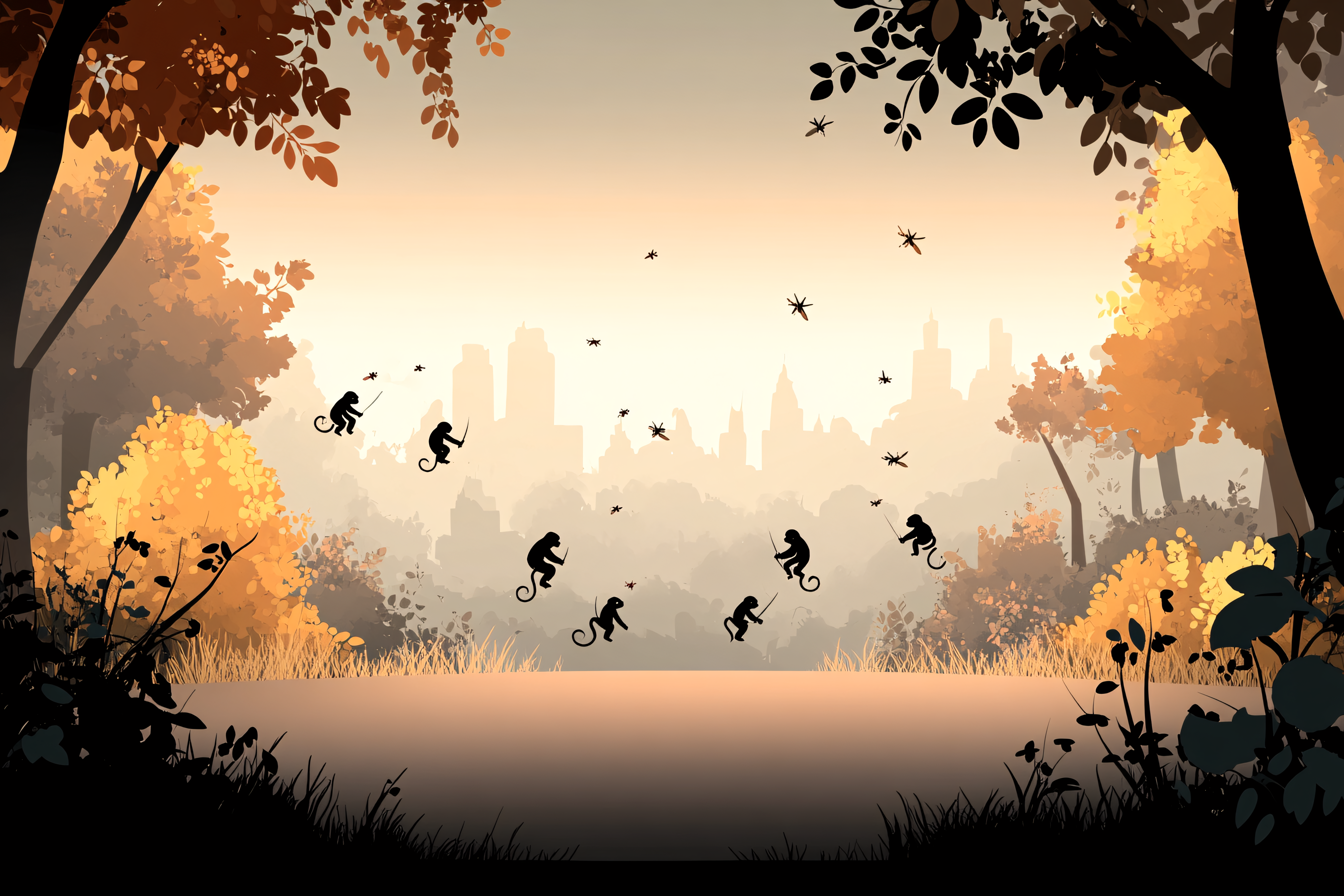 Swinging Monkeys In City Forest