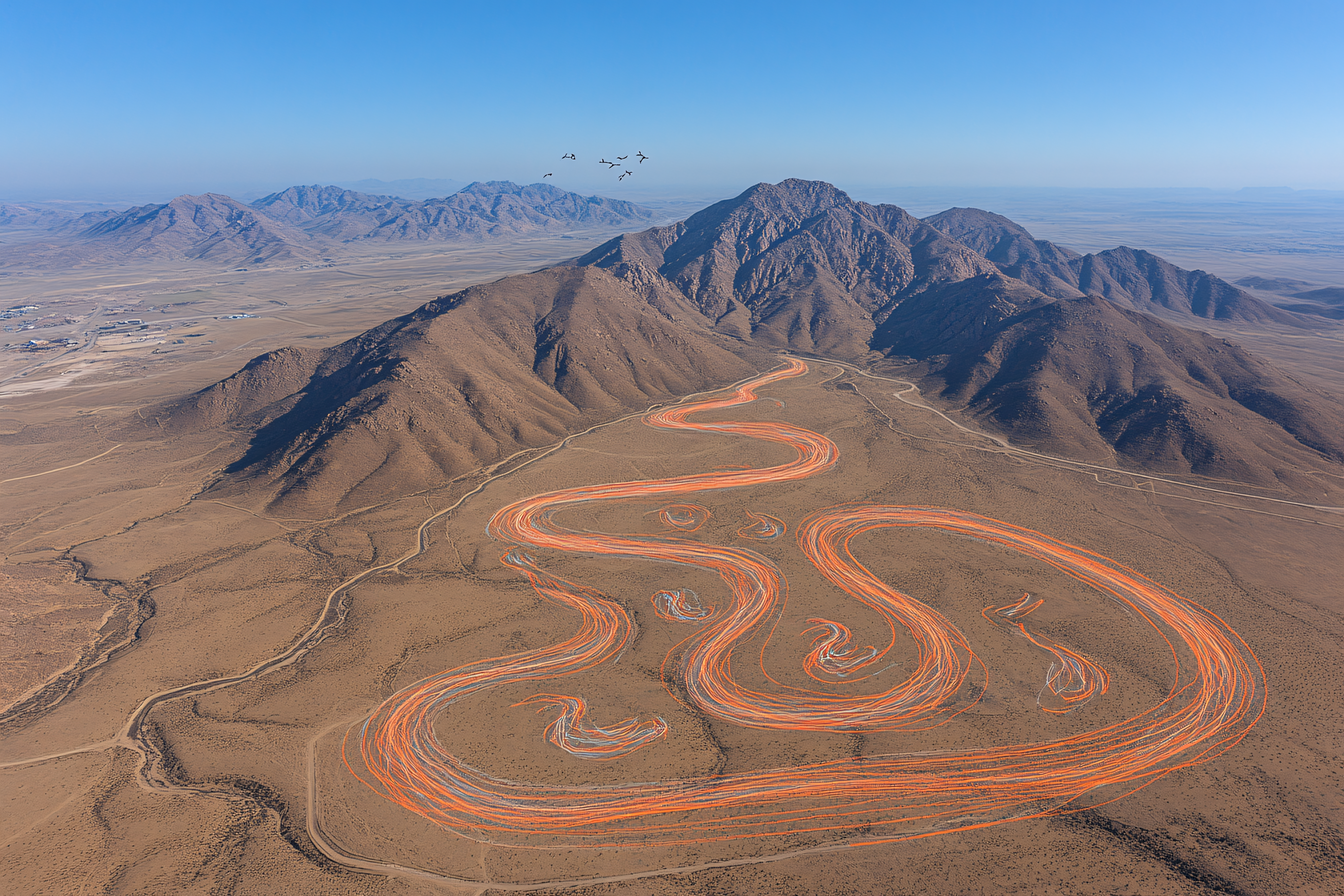 Swirling Orange Land Art in Desert Landscape