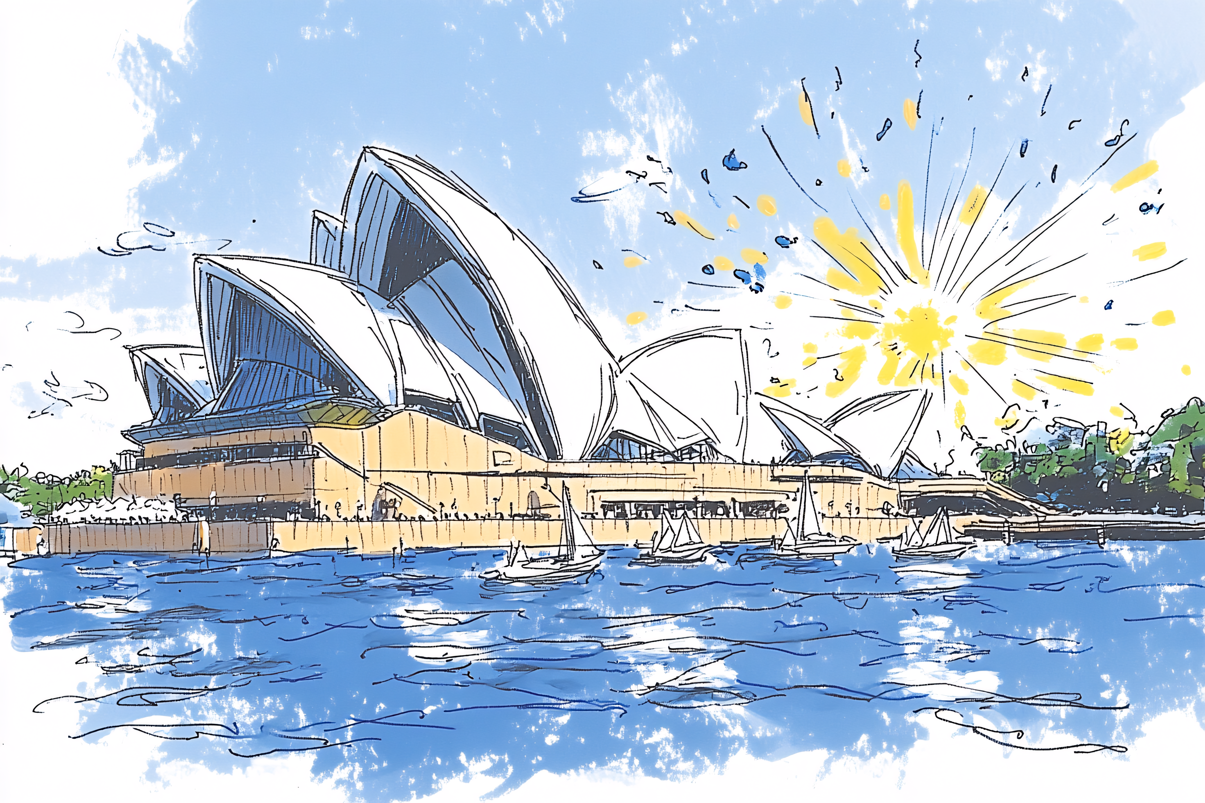 Sydney Opera House Sketch with Harbour View