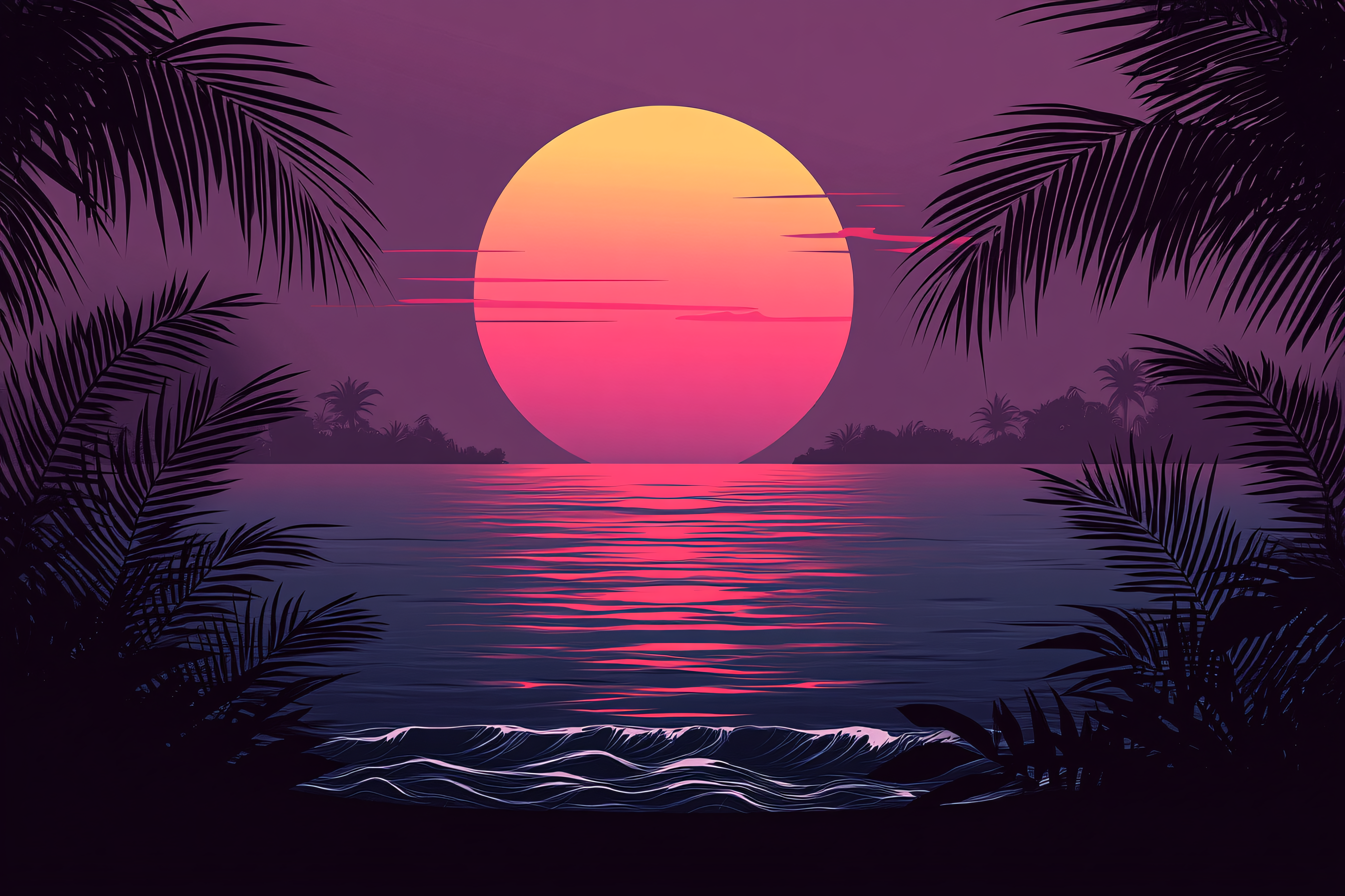 Synthwave Sunset Over Ocean