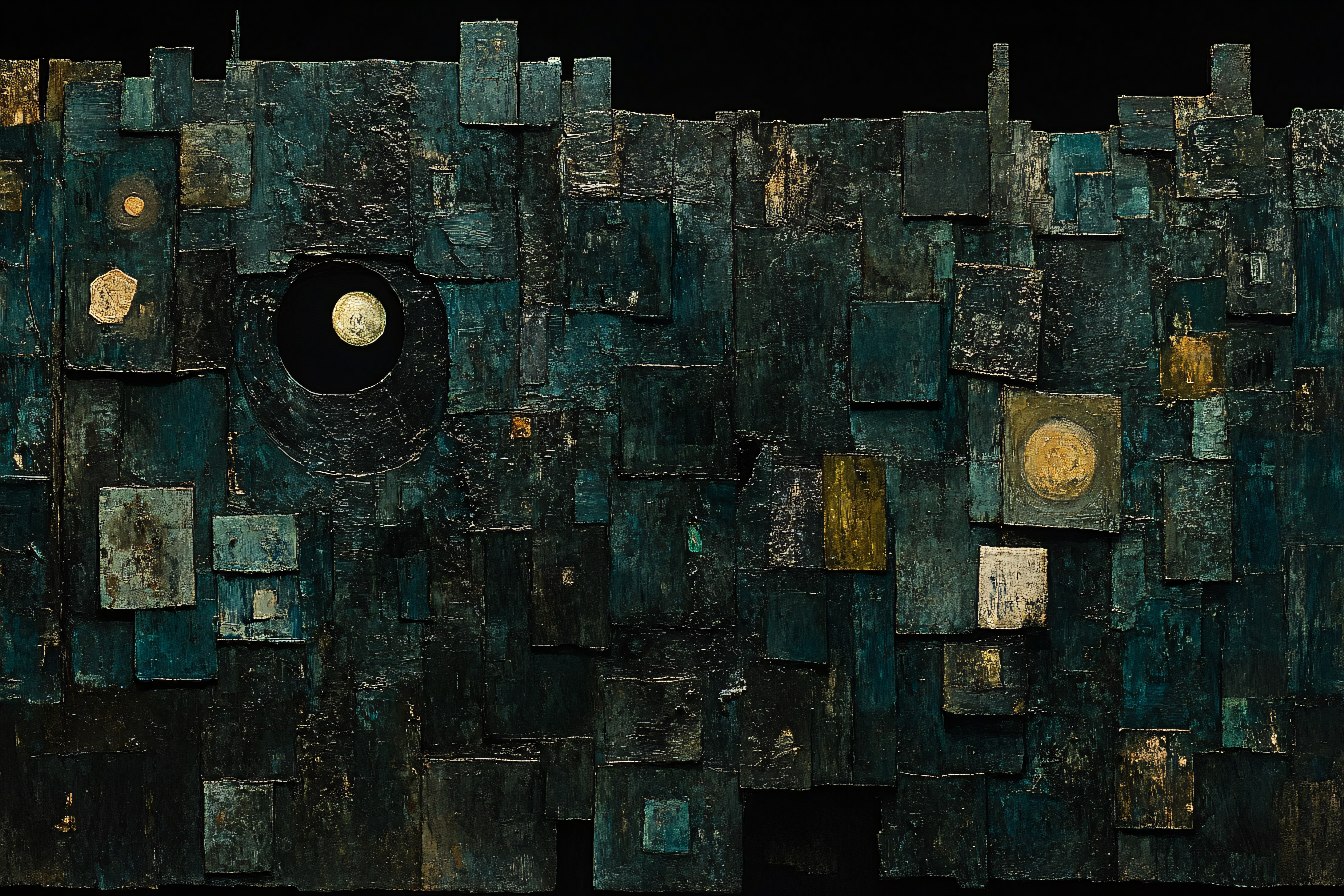 Teal Abstract Cityscape with Golden Accents