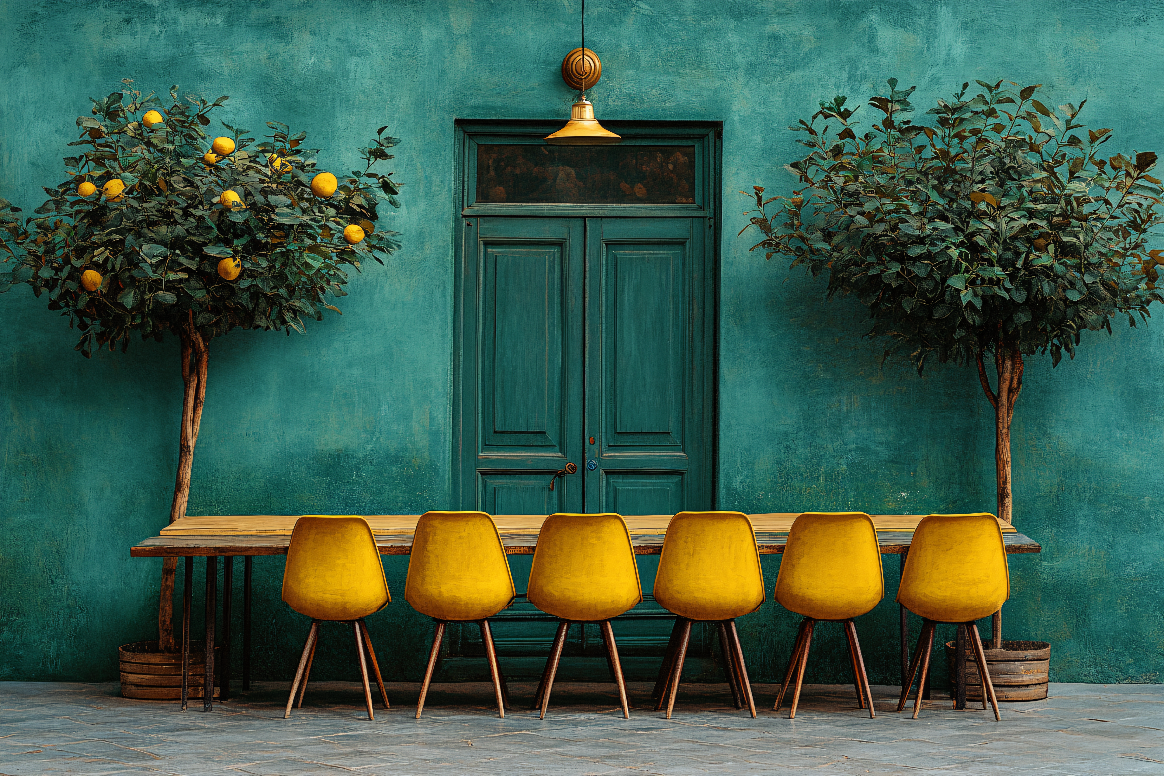 Teal And Yellow Outdoor Cafe Scene