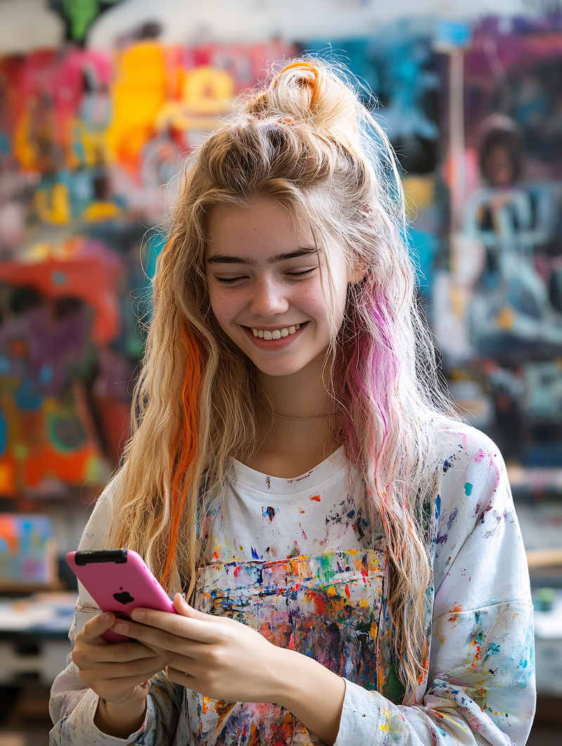 Teenage Girl Using Smartphone In Art Studio