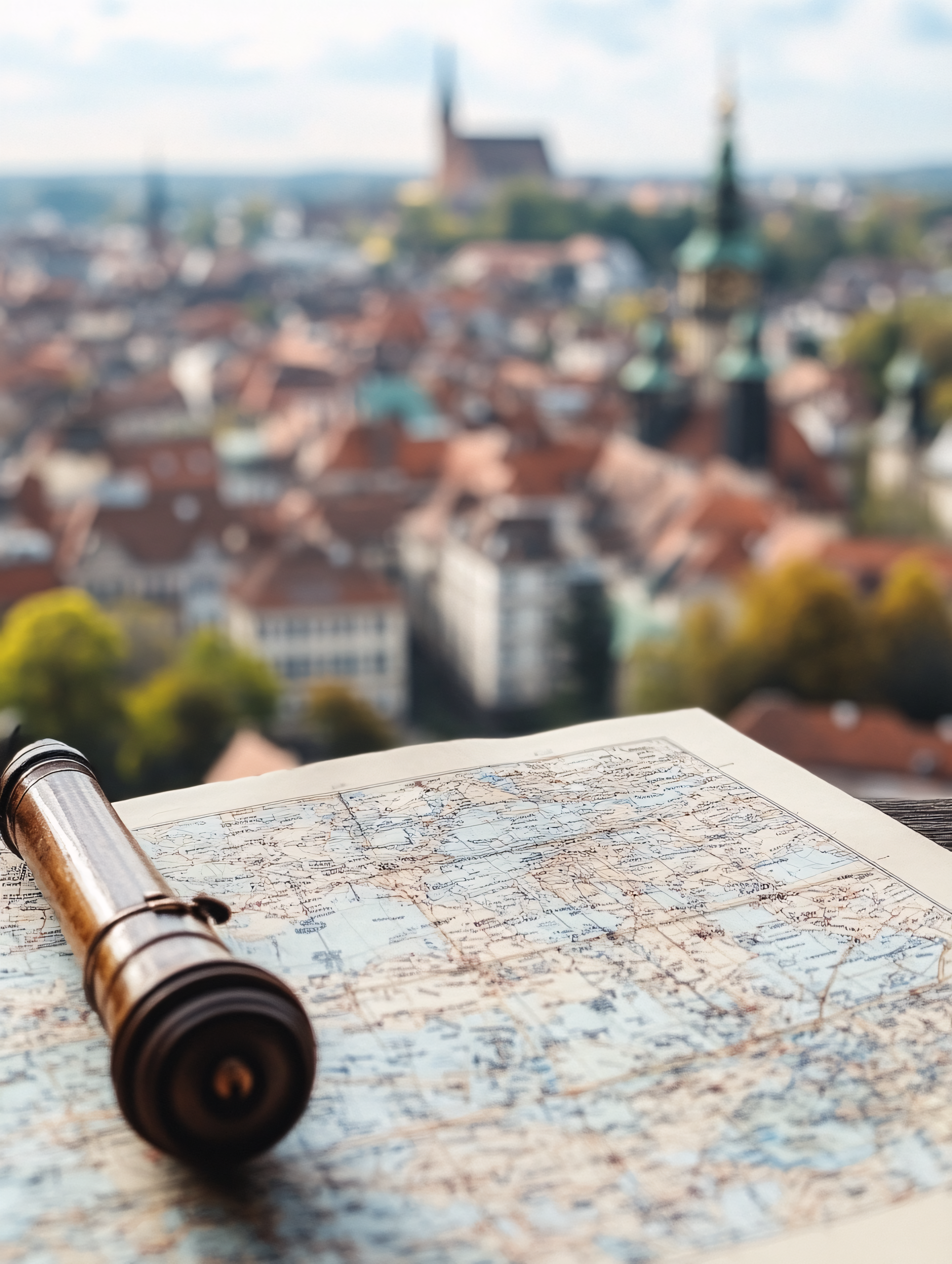 Telescope And Map With City View