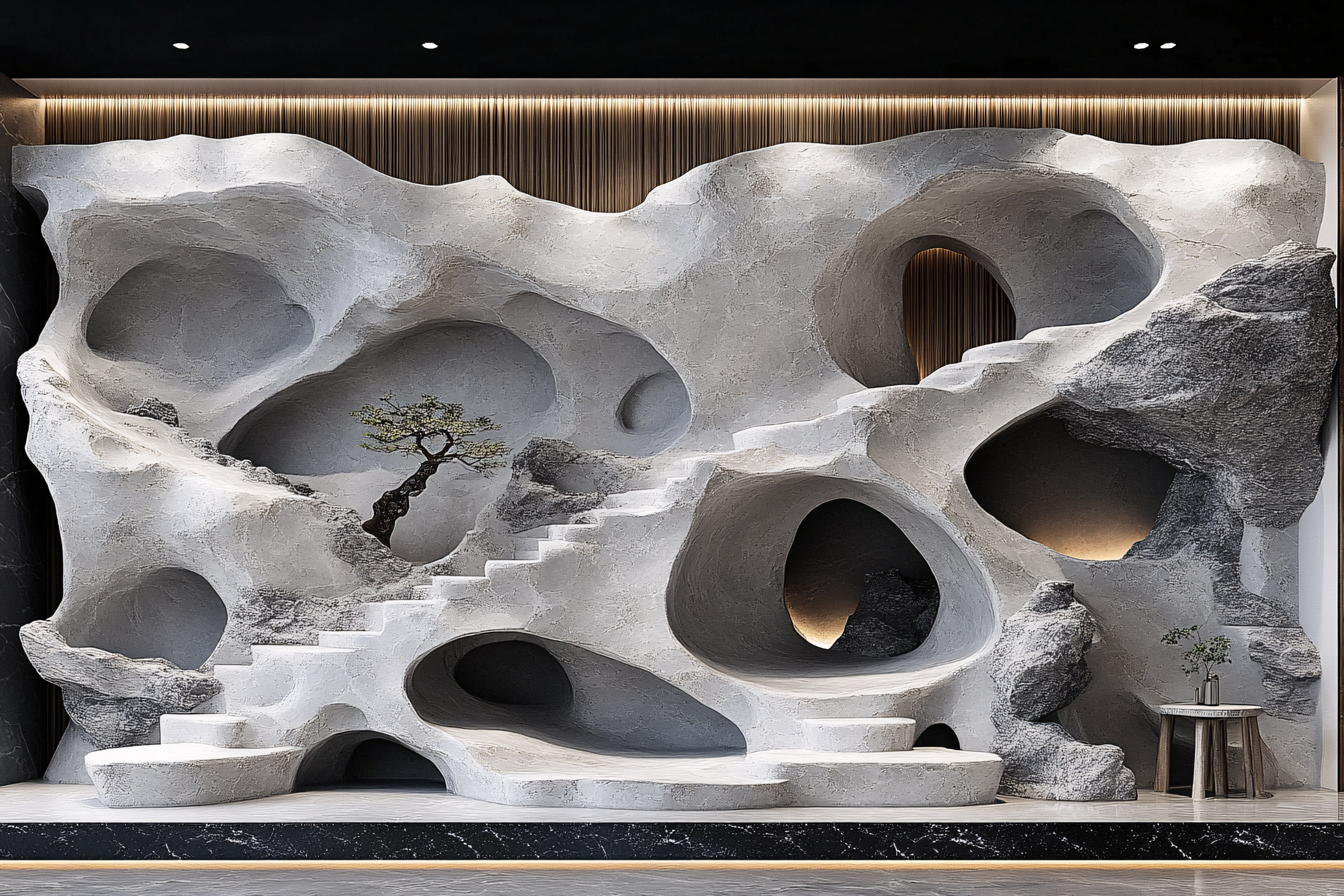 Textured Interior Wall with Cave Openings and Bonsai Tree