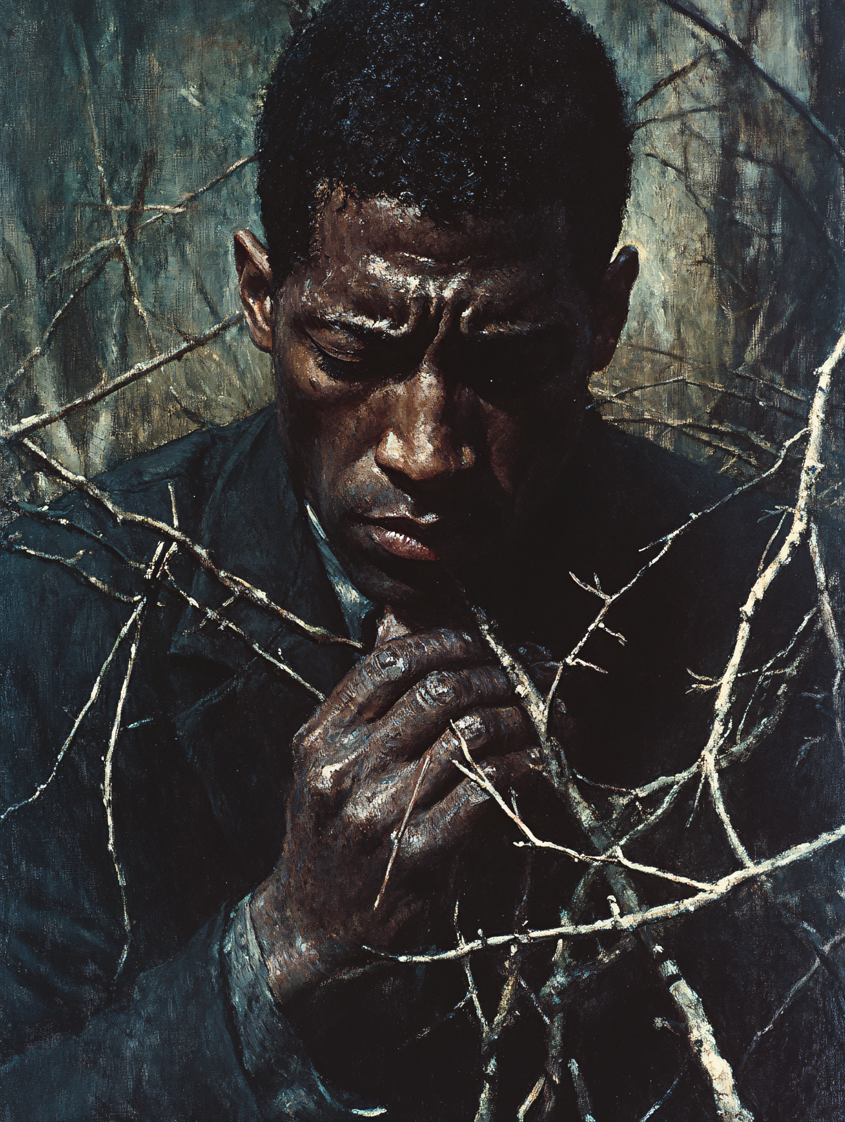 Thoughtful Man Amidst Branches
