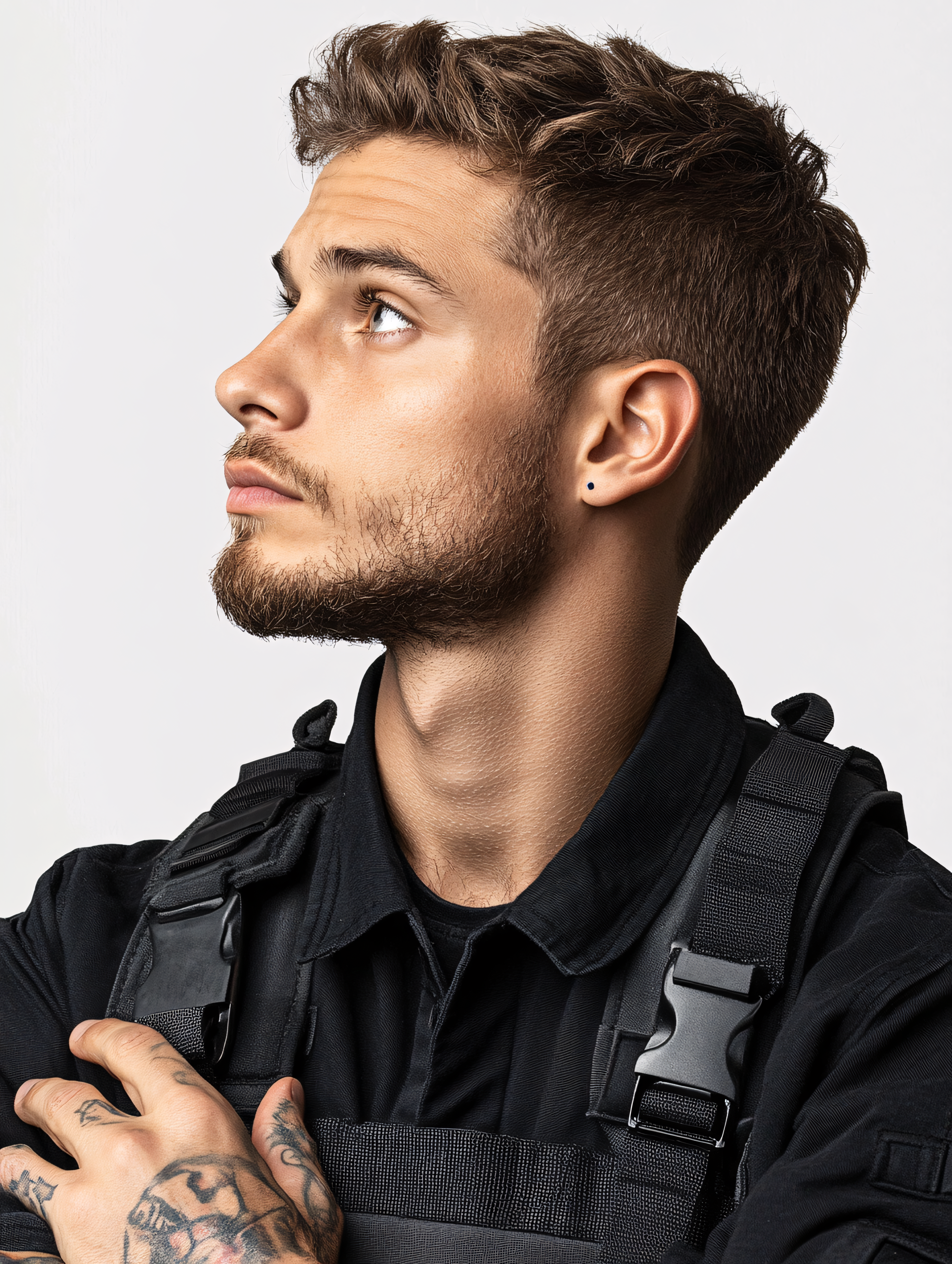 Thoughtful Man in Tactical Vest