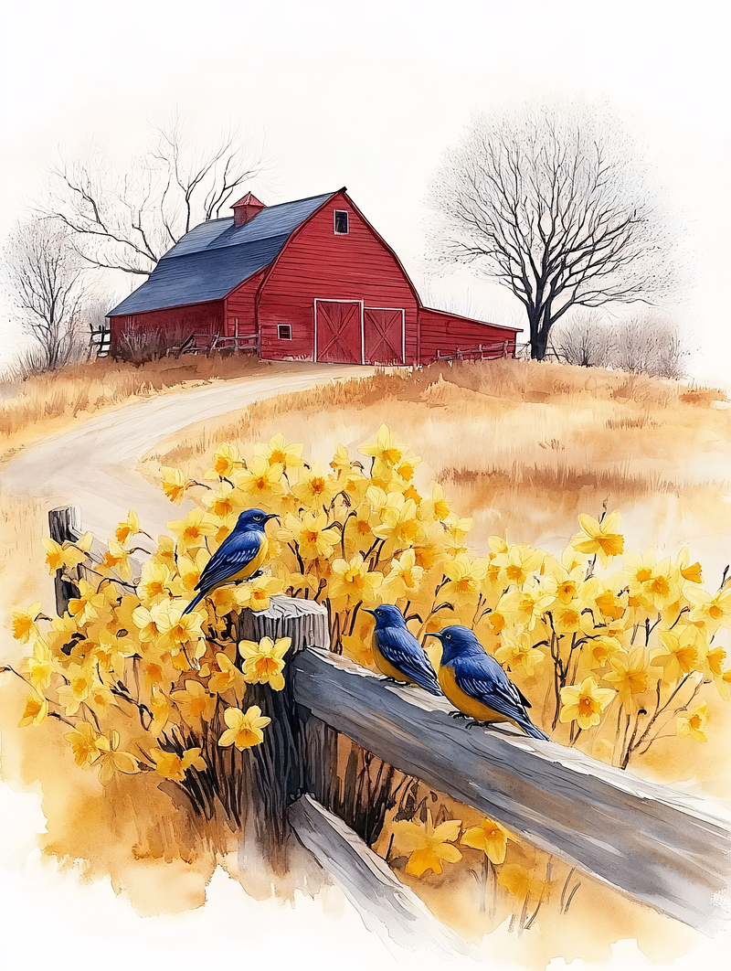 Three Blue Birds on Fence with Red Barn and Daffodils