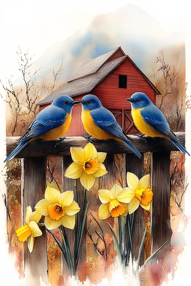 Three Bluebirds And Daffodils