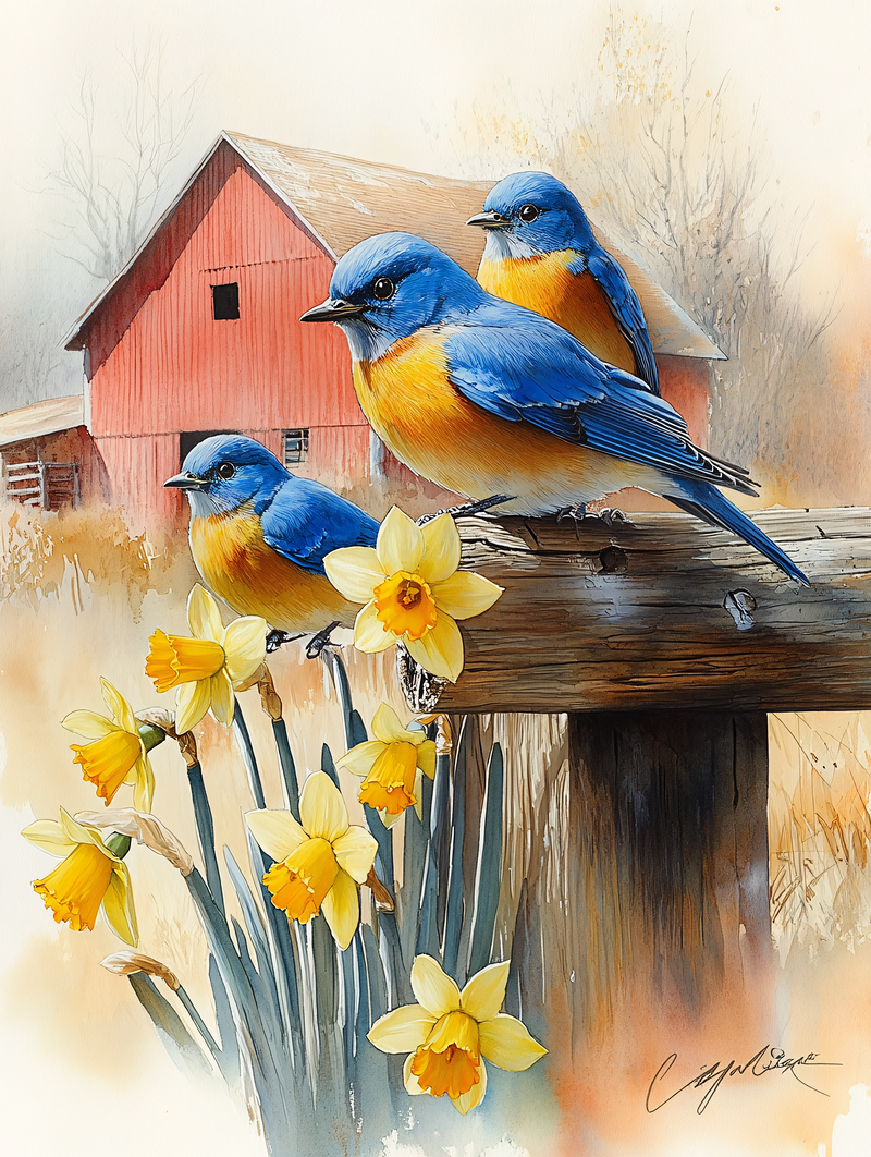 Three Bluebirds And Daffodils