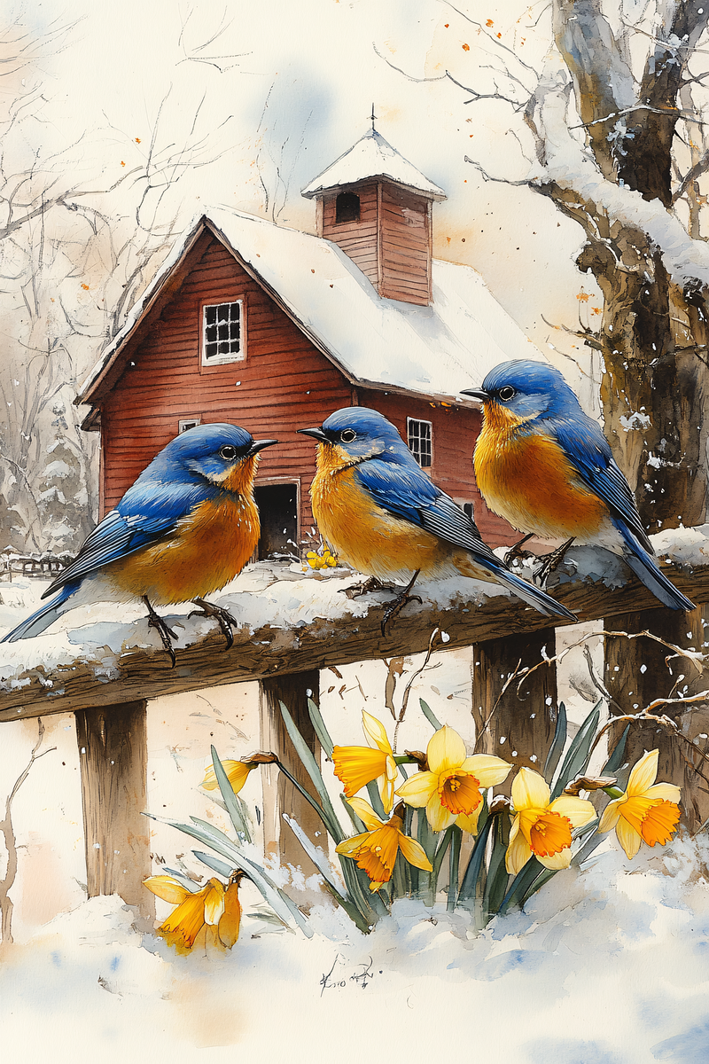Three Bluebirds In Snow