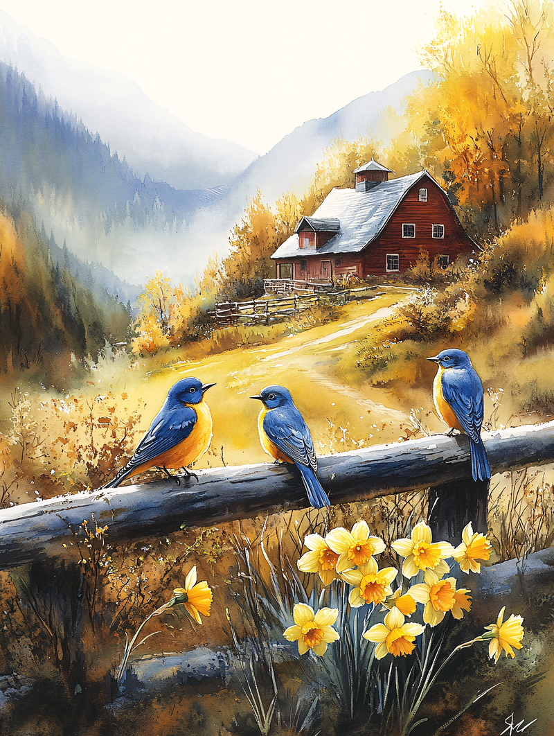 Three Bluebirds On A Fence With Daffodils And A Barn