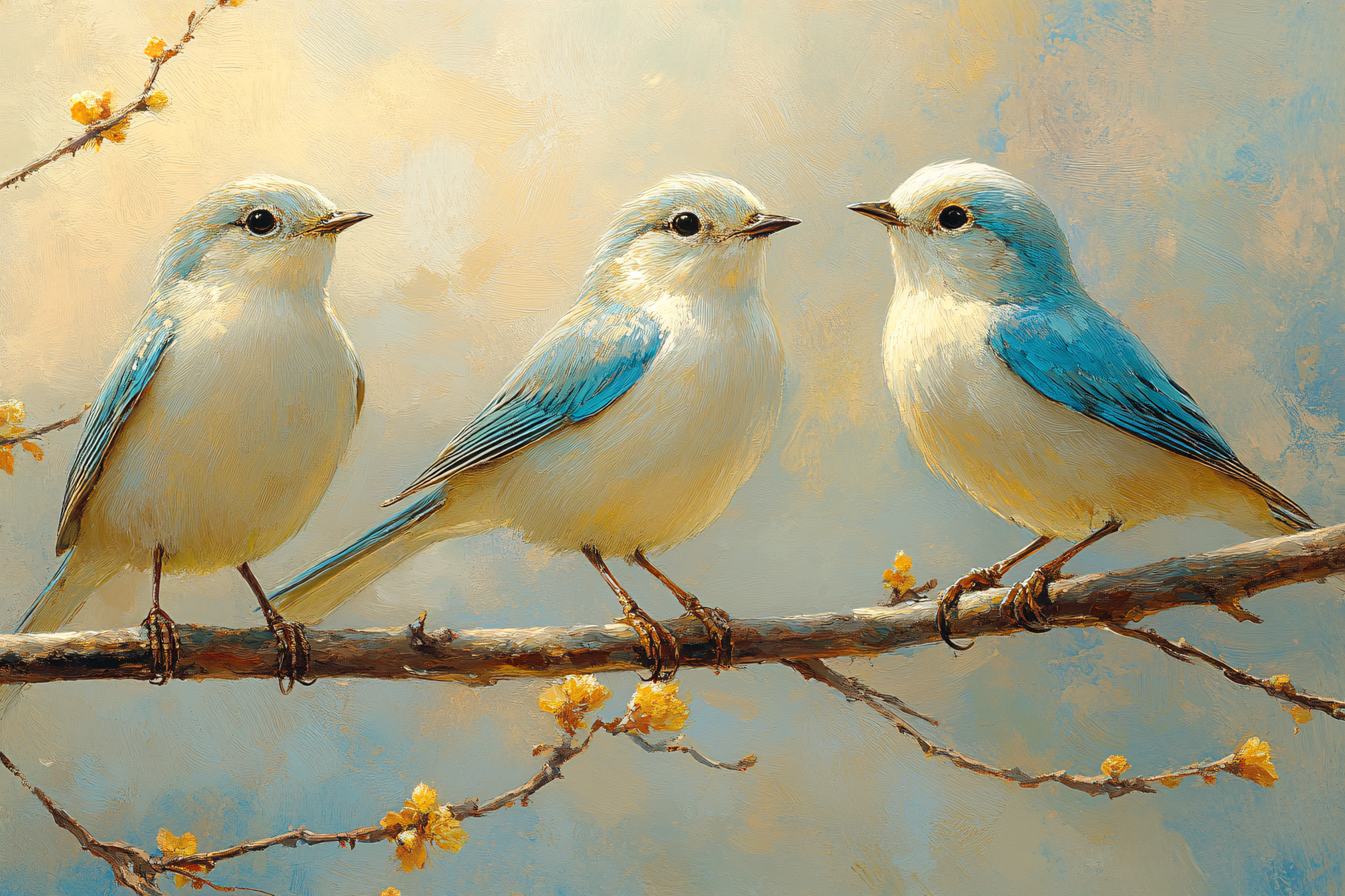 Three Bluebirds Perched on Blossom Branch