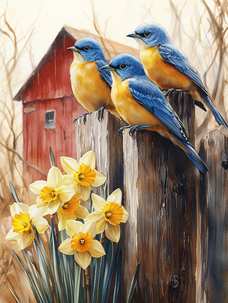 Three Bluebirds With Daffodils And Barn