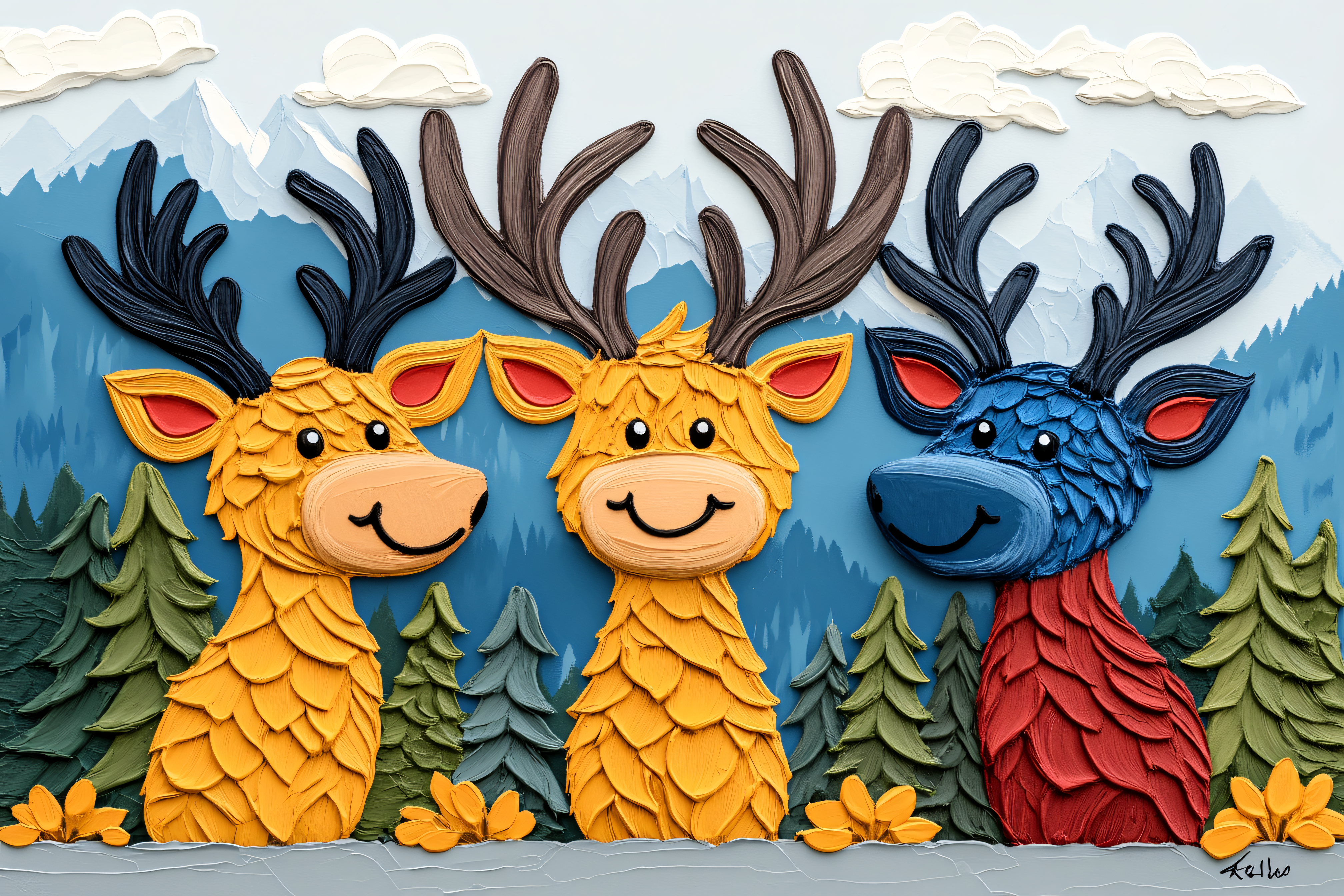 Three Cheerful Reindeer in a Winter Scene