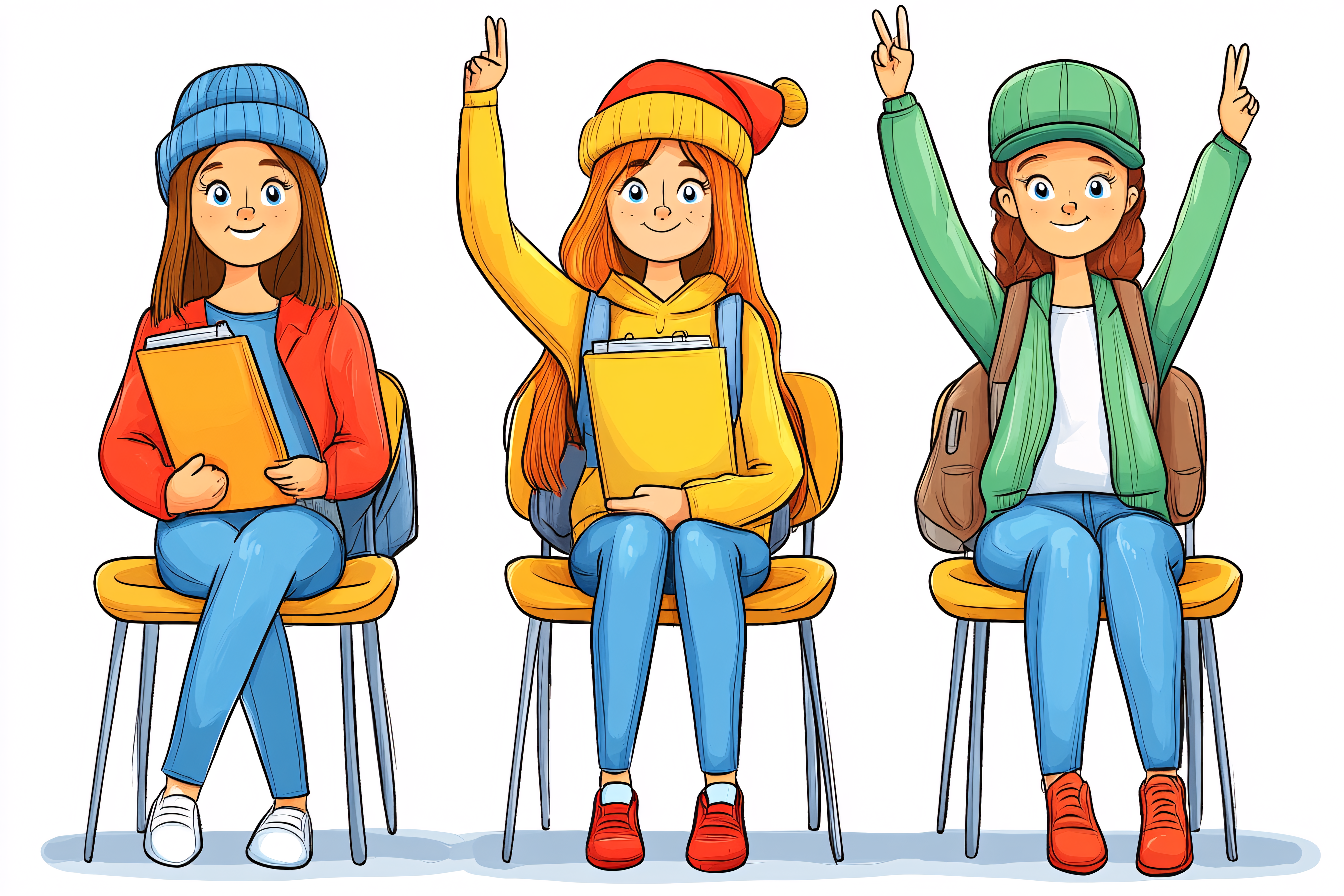 Three Cheerful Students In Class