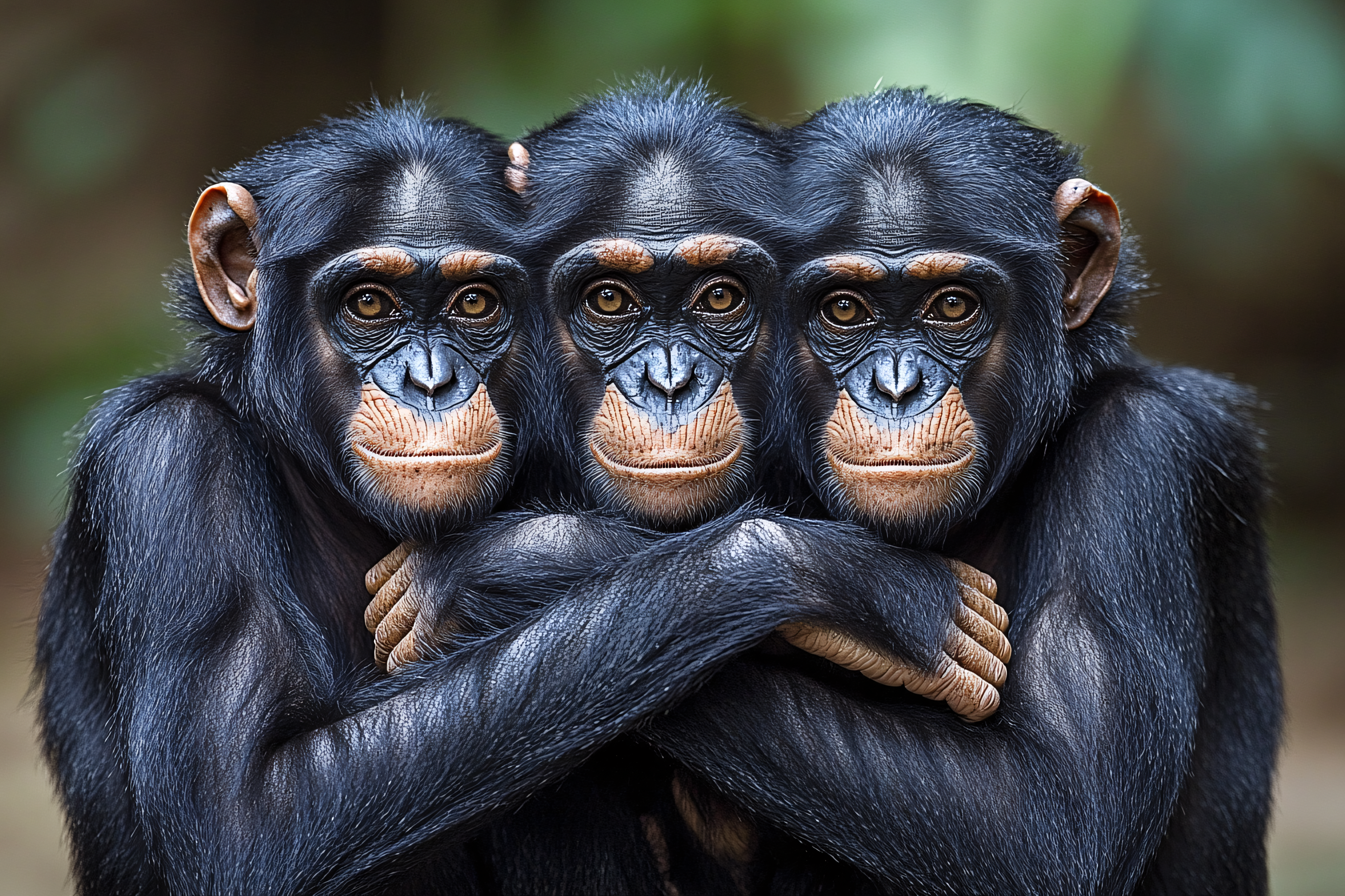 Three Chimpanzees Huddled Together