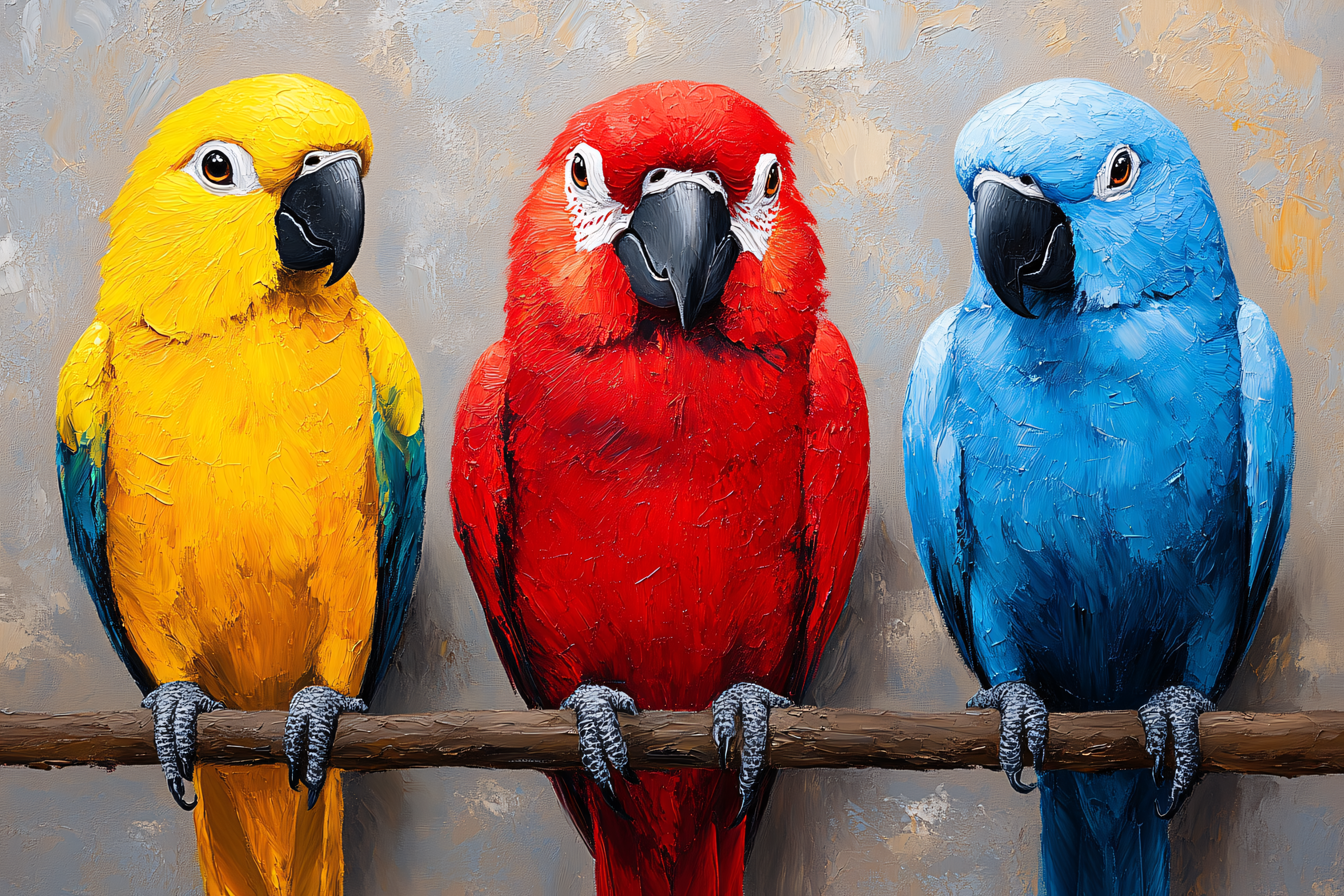 Three Colorful Parrots Perched on a Branch
