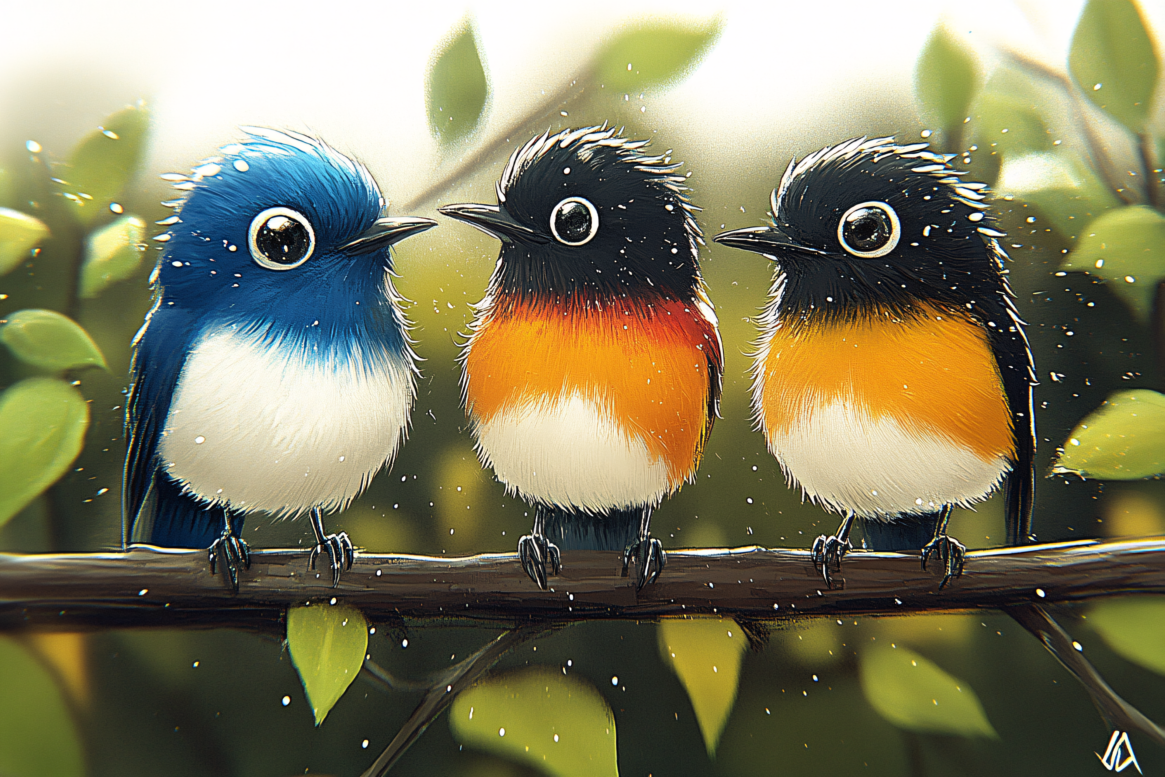 Three Cute Birds On A Branch