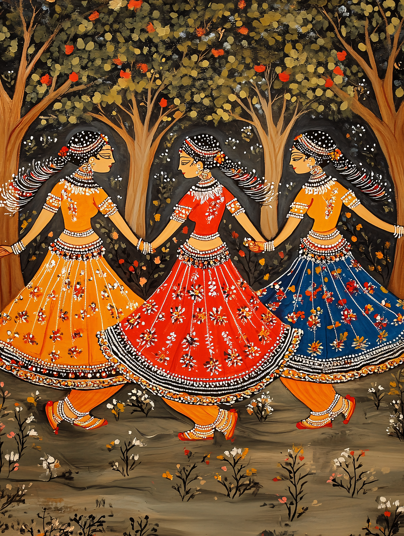 Three Dancing Women In Traditional Indian Attire