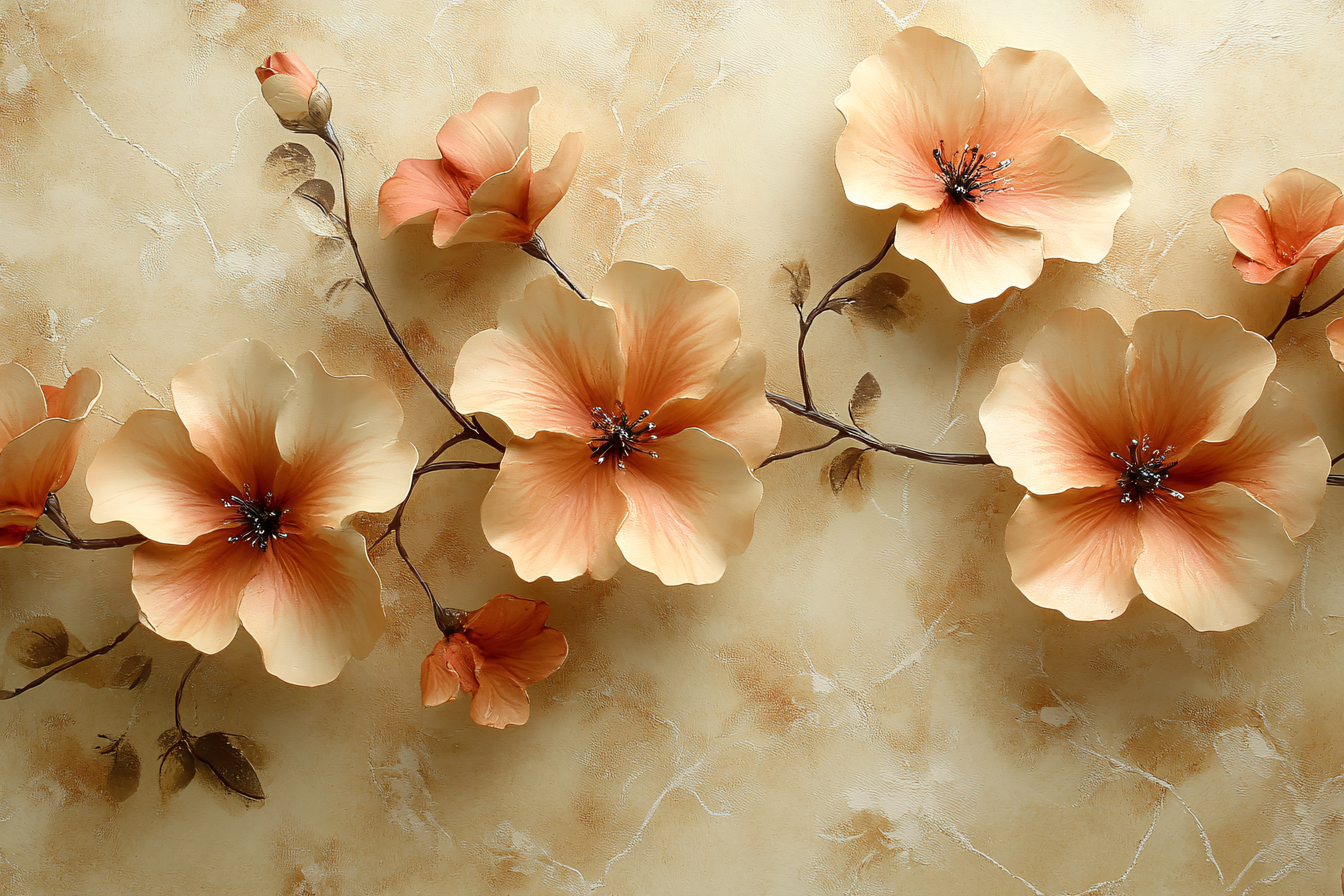 Three-Dimensional Peach Flowers On Textured Wall