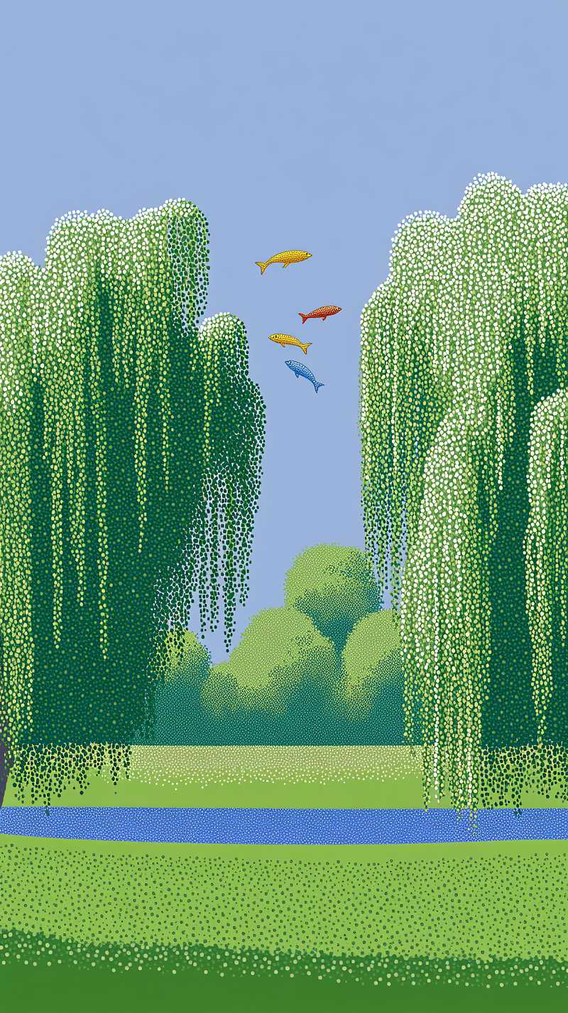 Three Fish Swimming Above Willow Trees