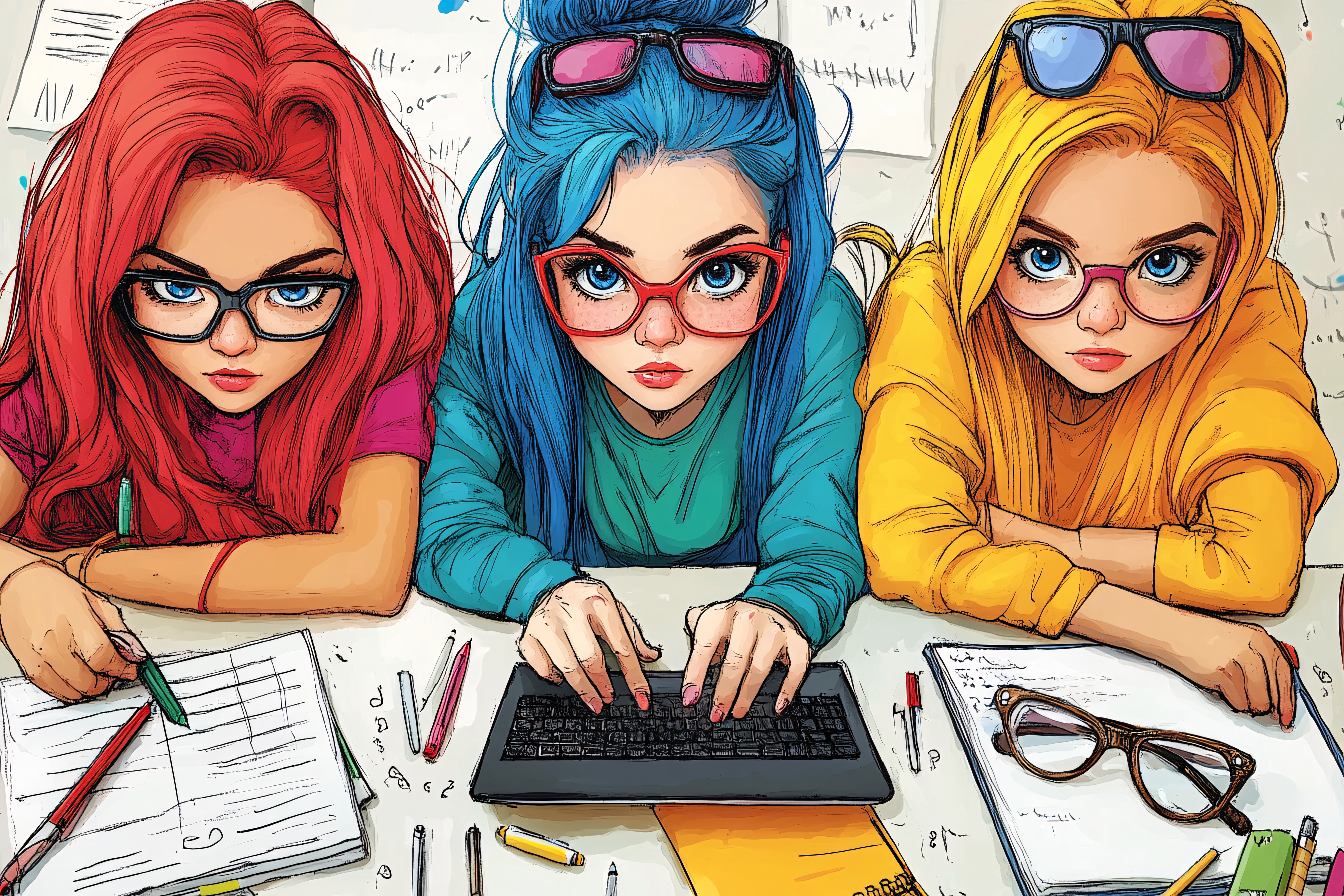 Three Girls Studying Together
