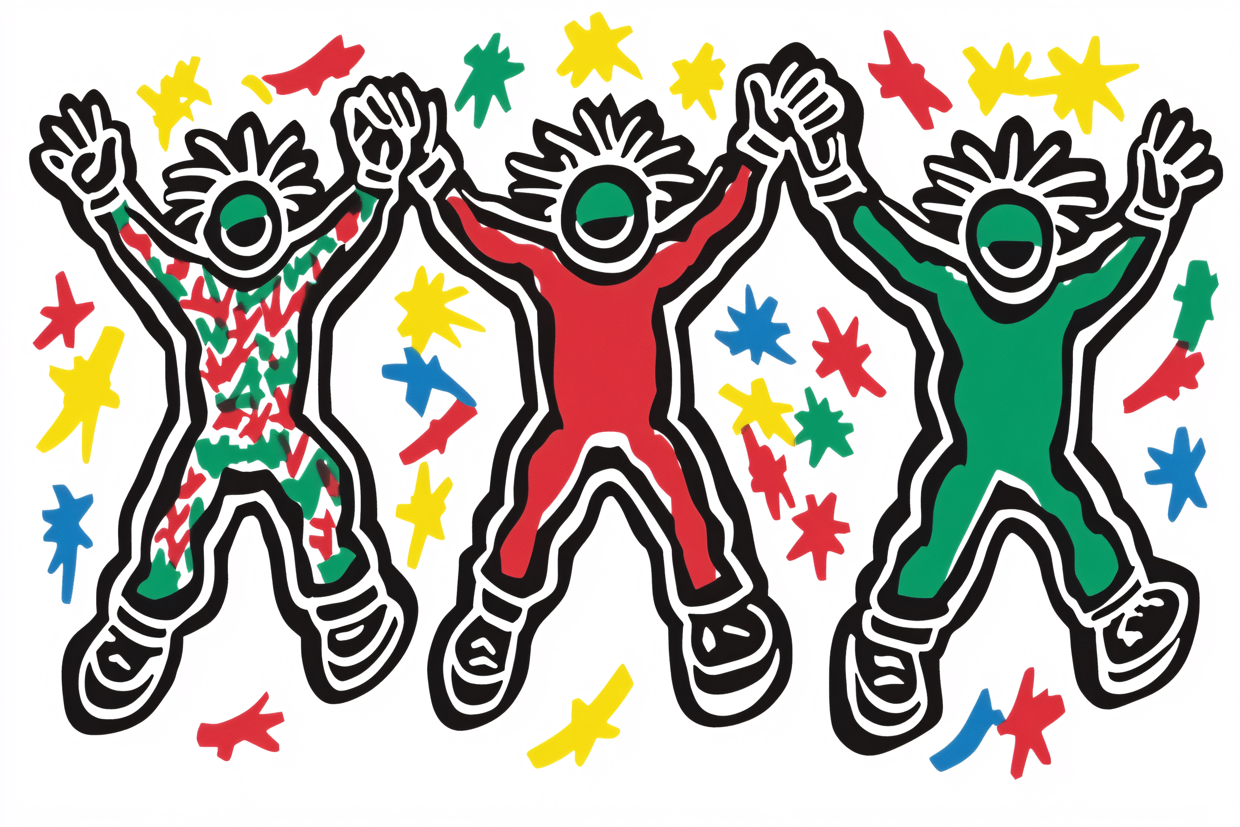 Three Joyful Figures Holding Hands