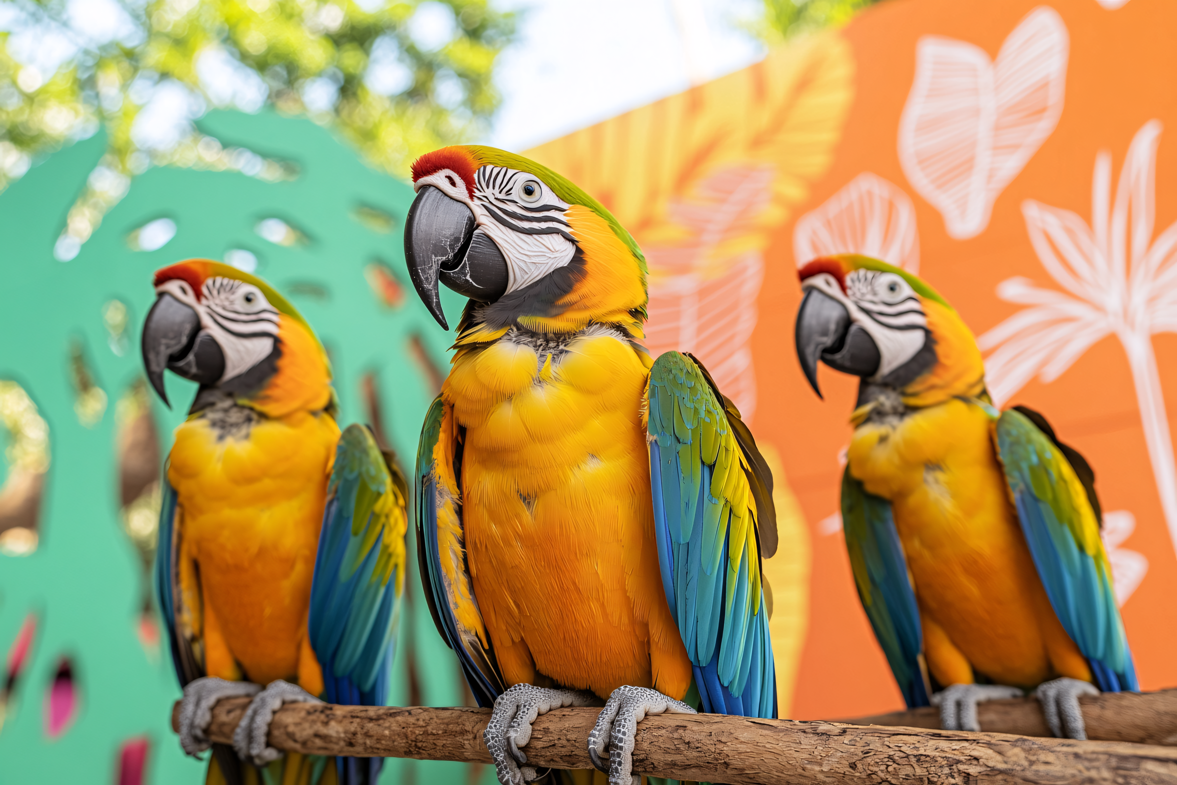 Three Macaws on Branch