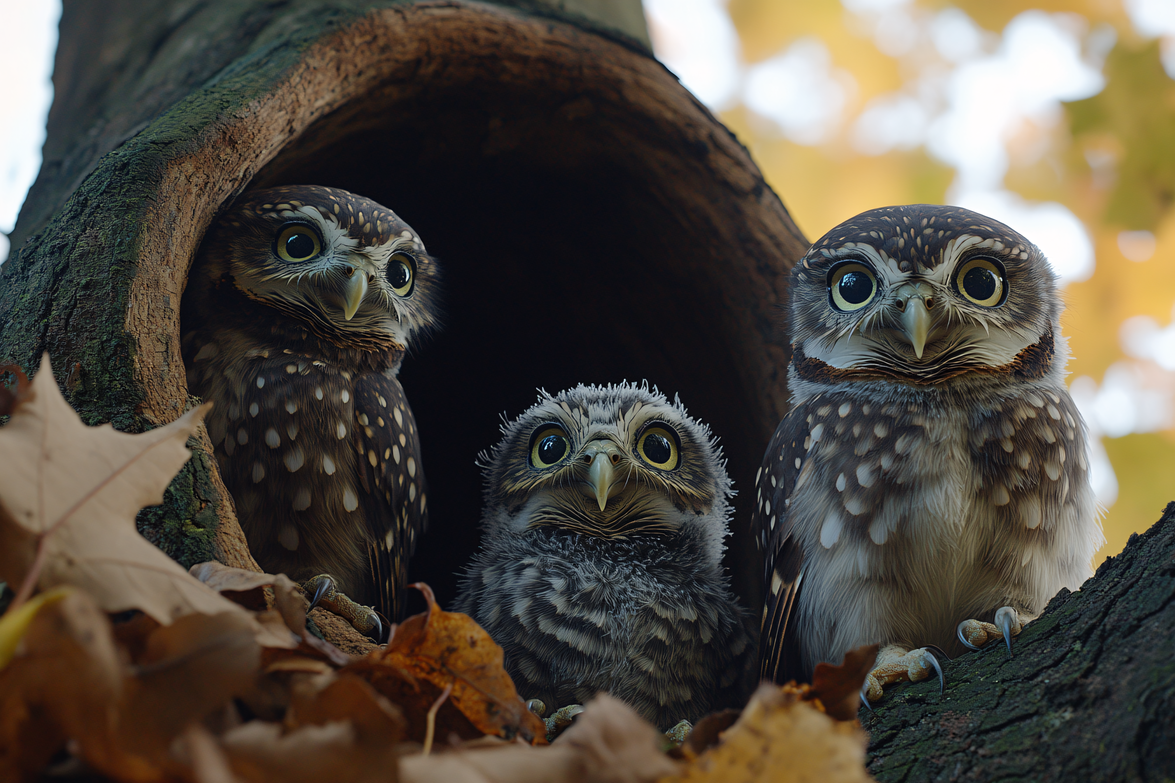 Three Owls in Tree Hollow