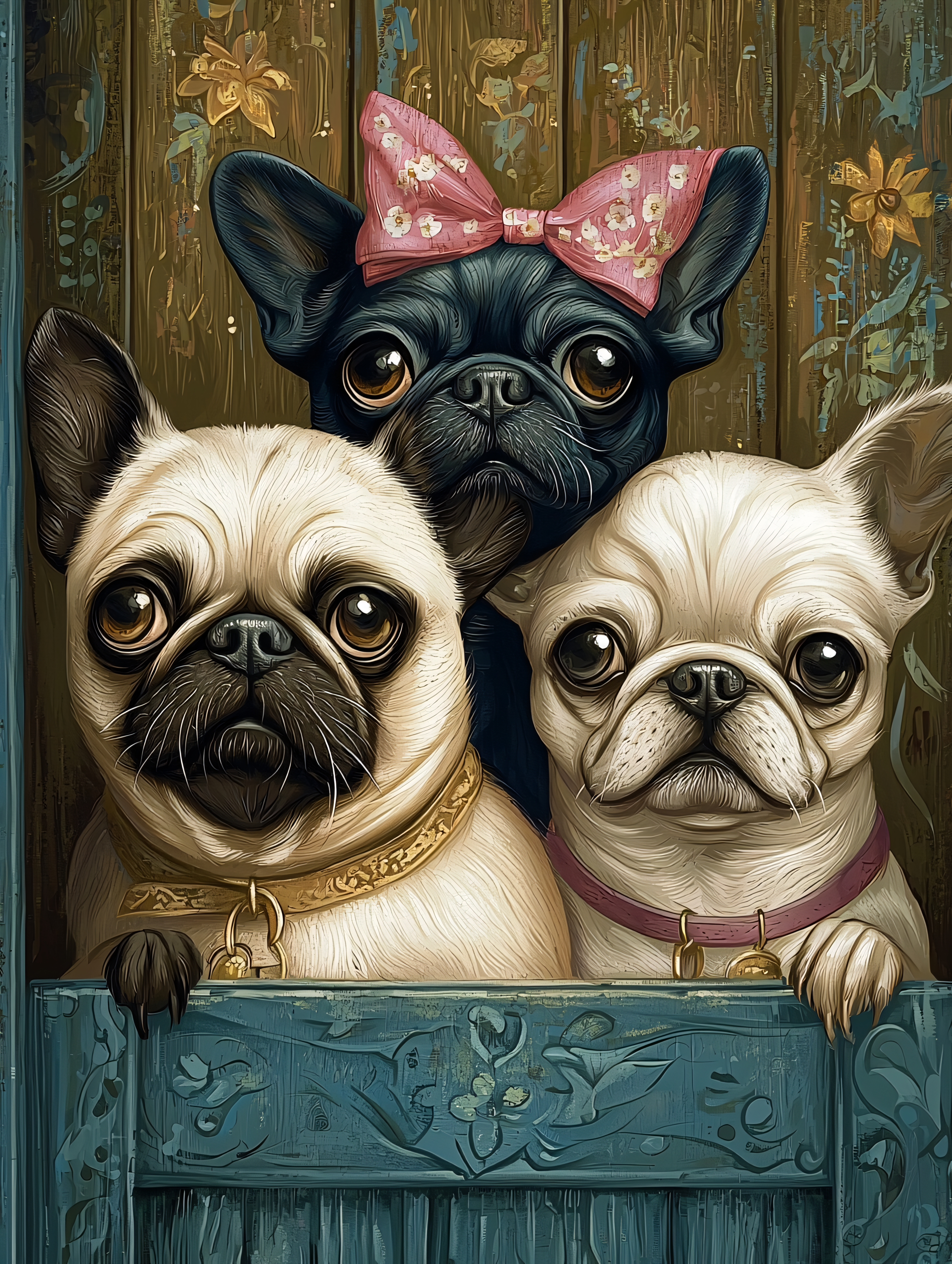 Three Pugs and a Bulldog