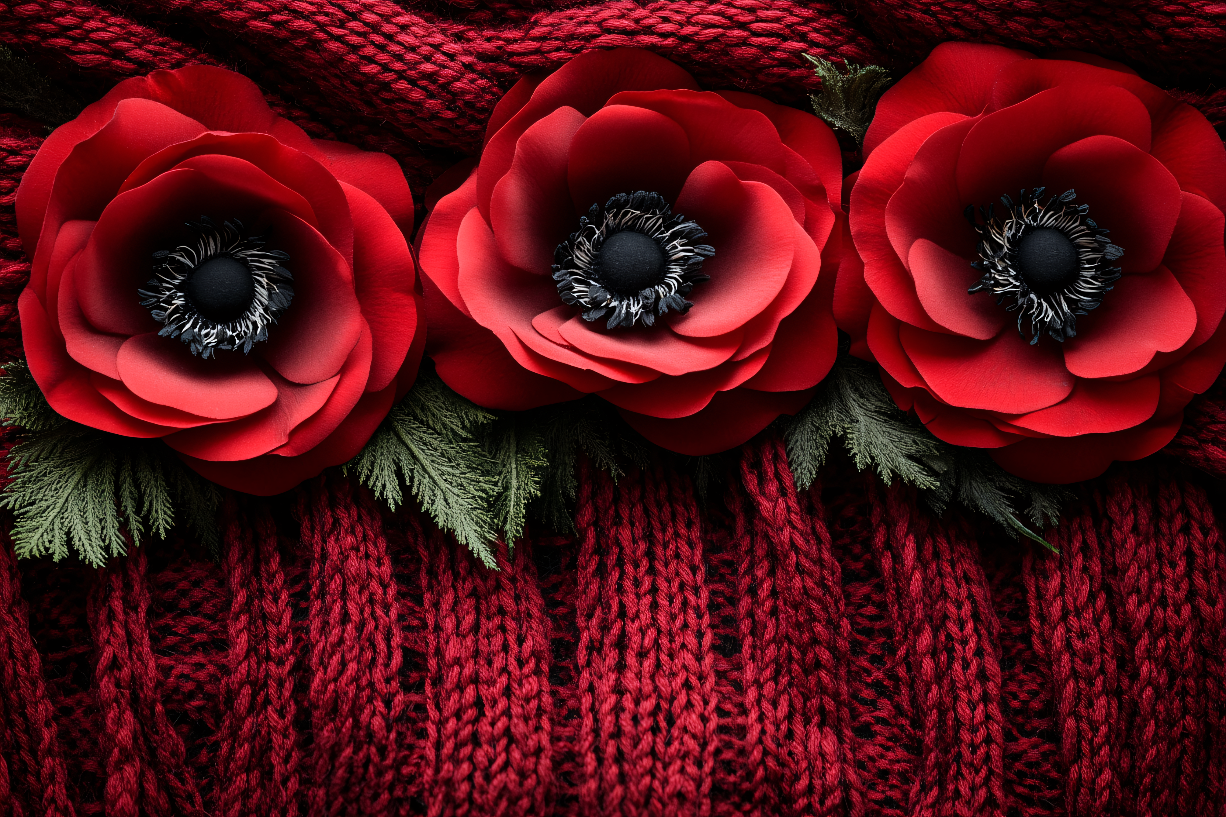Three Red Poppies On Knitted Fabric