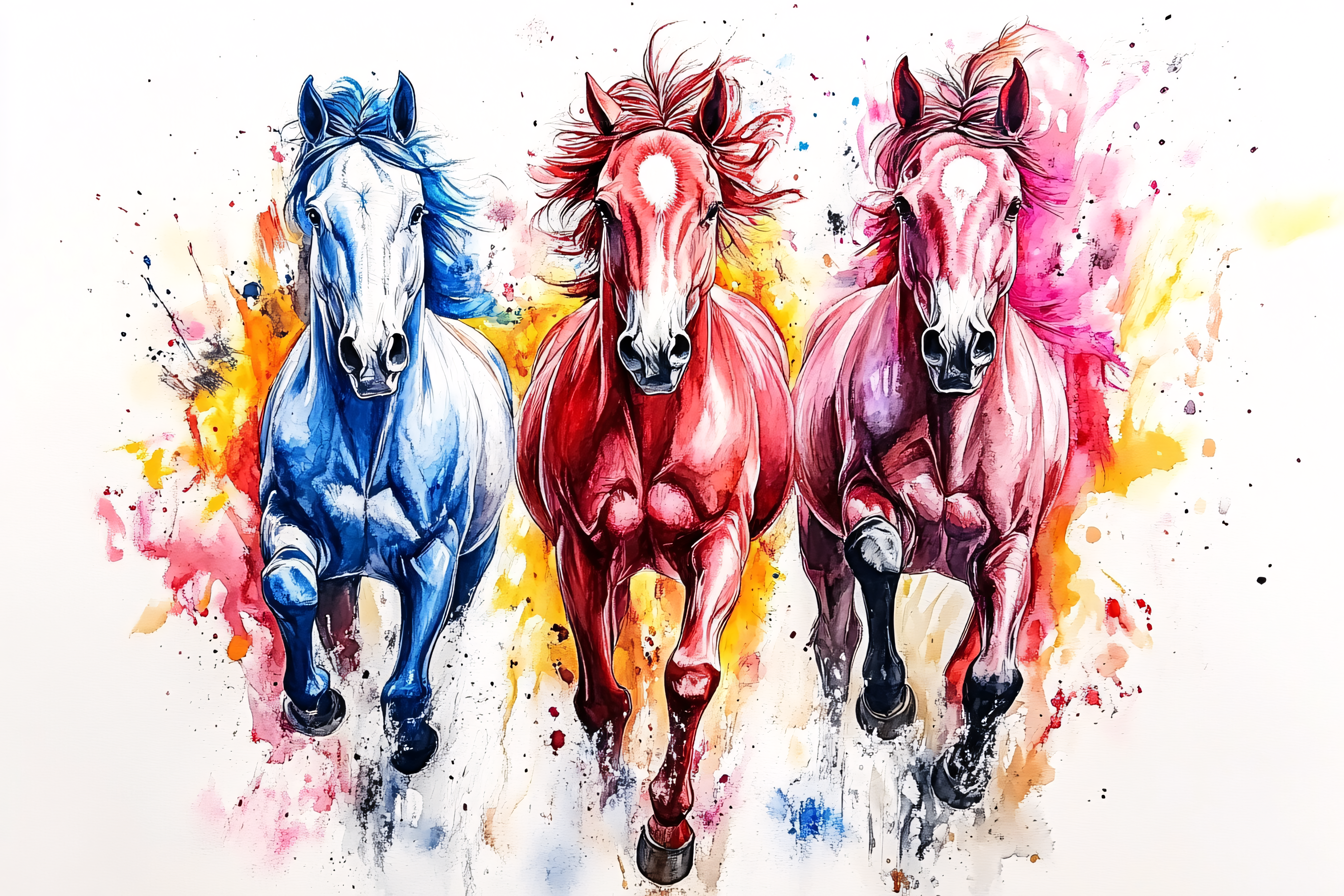 Three Running Horses Watercolor