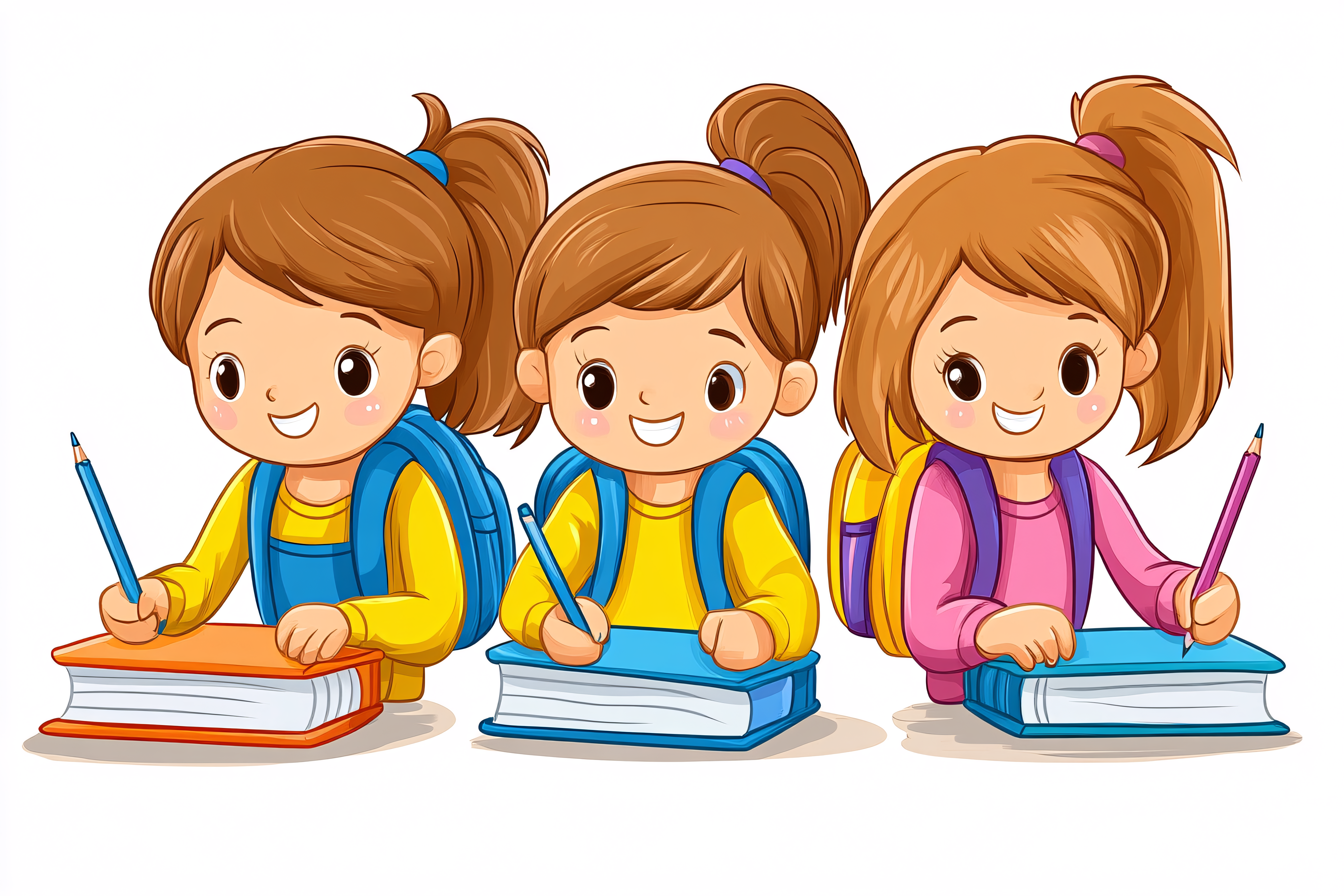 Three School Girls Studying