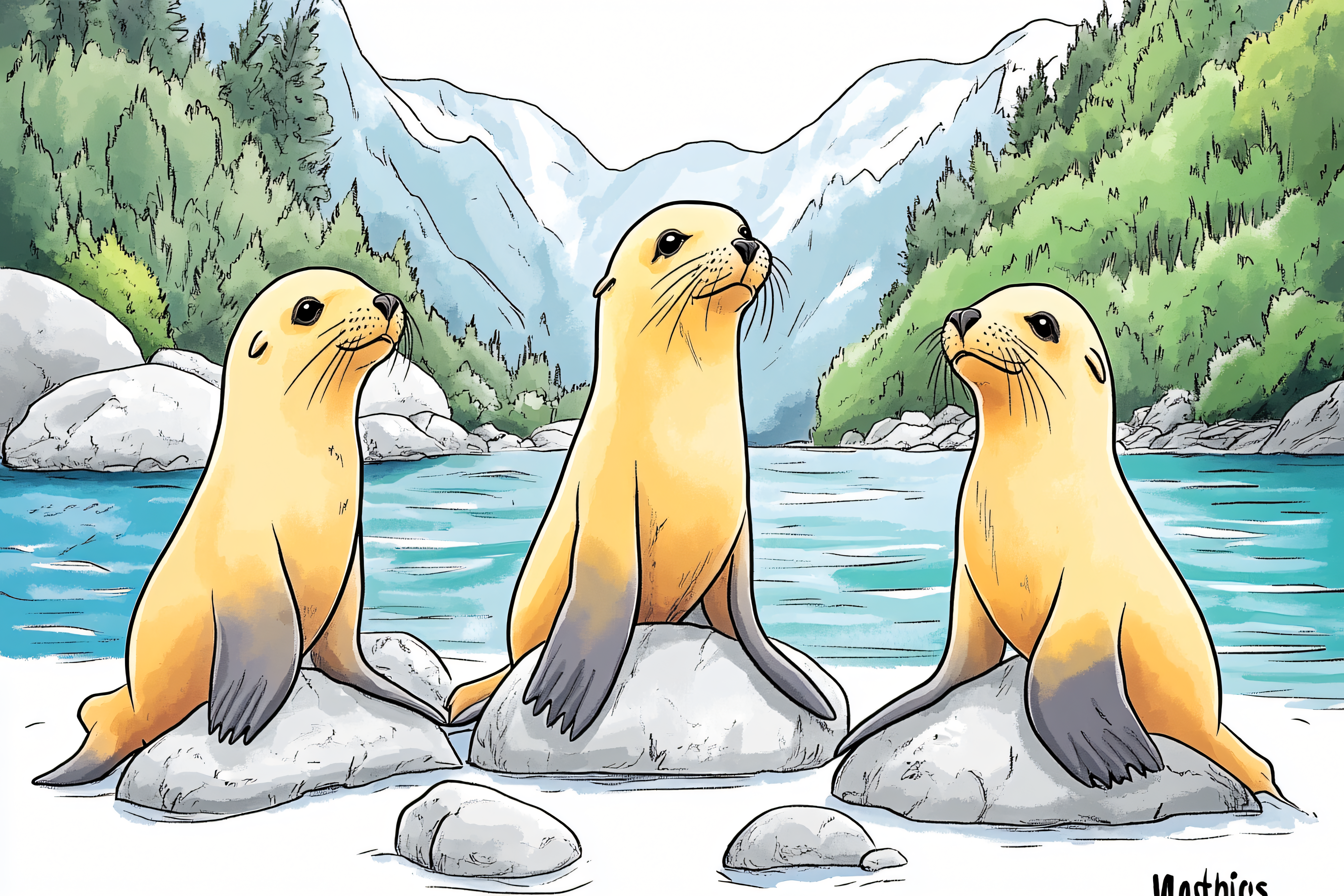 Three Sea Lions in a Scenic Landscape