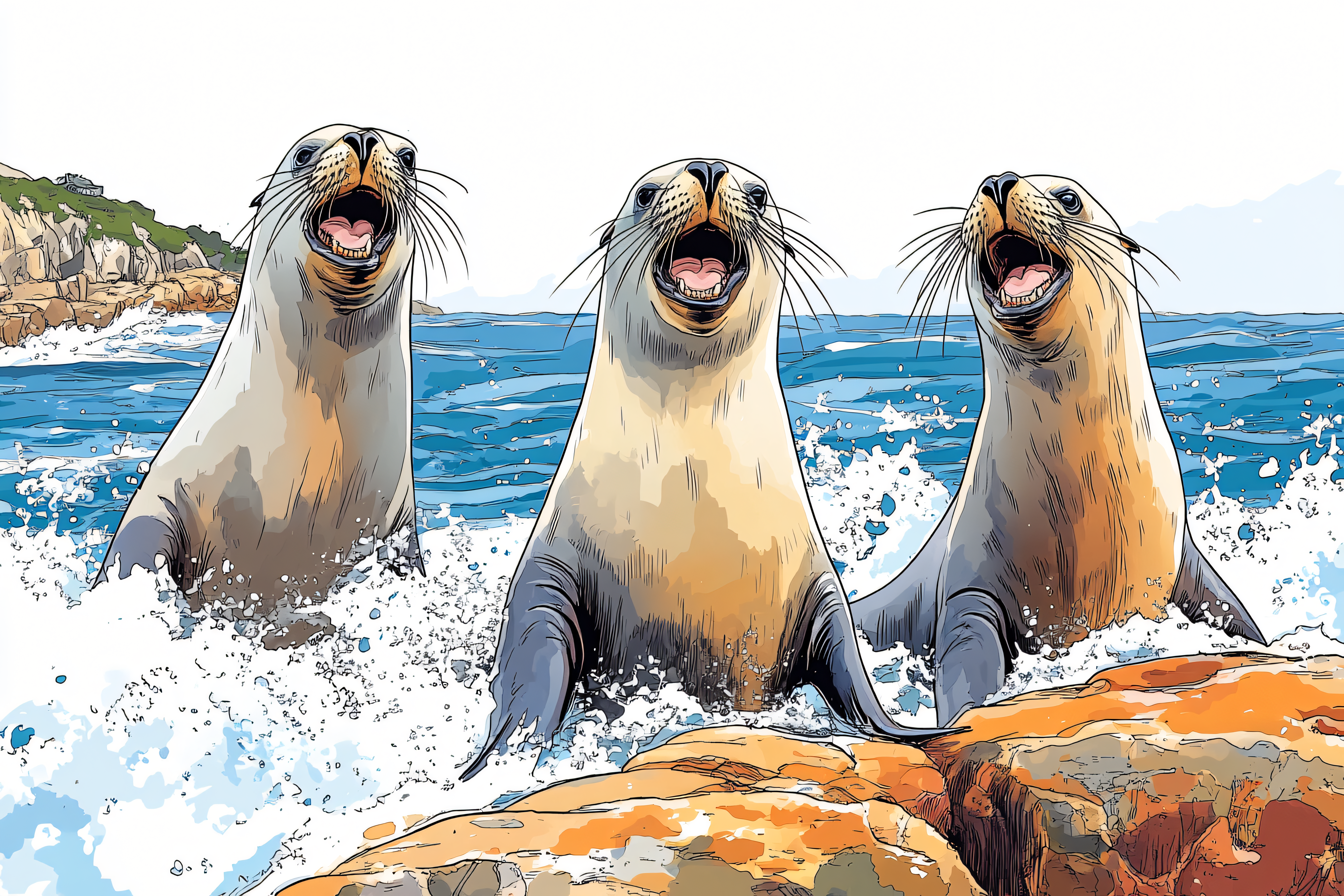 Three Sea Lions In Ocean