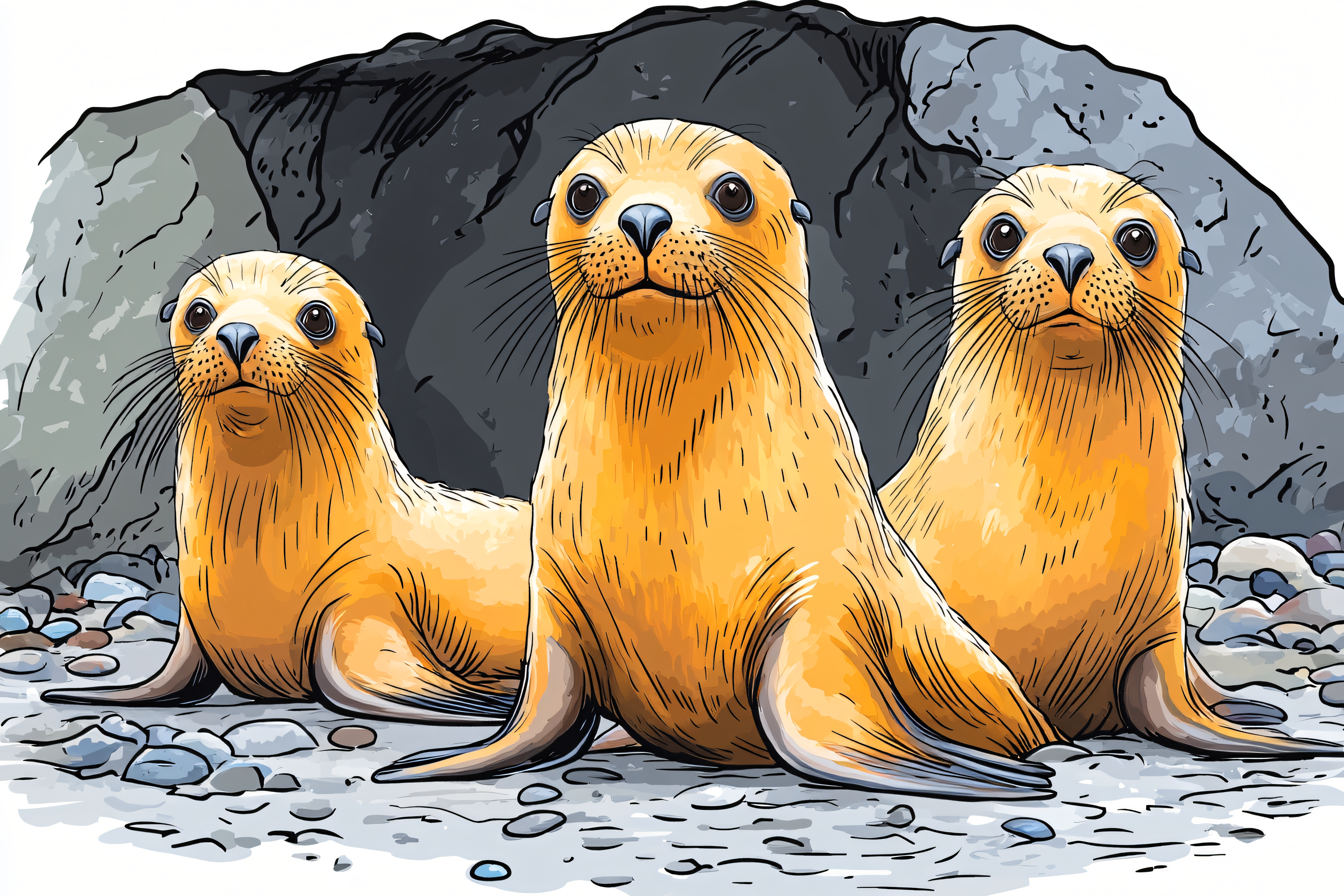 Three Sea Lions On A Rocky Beach