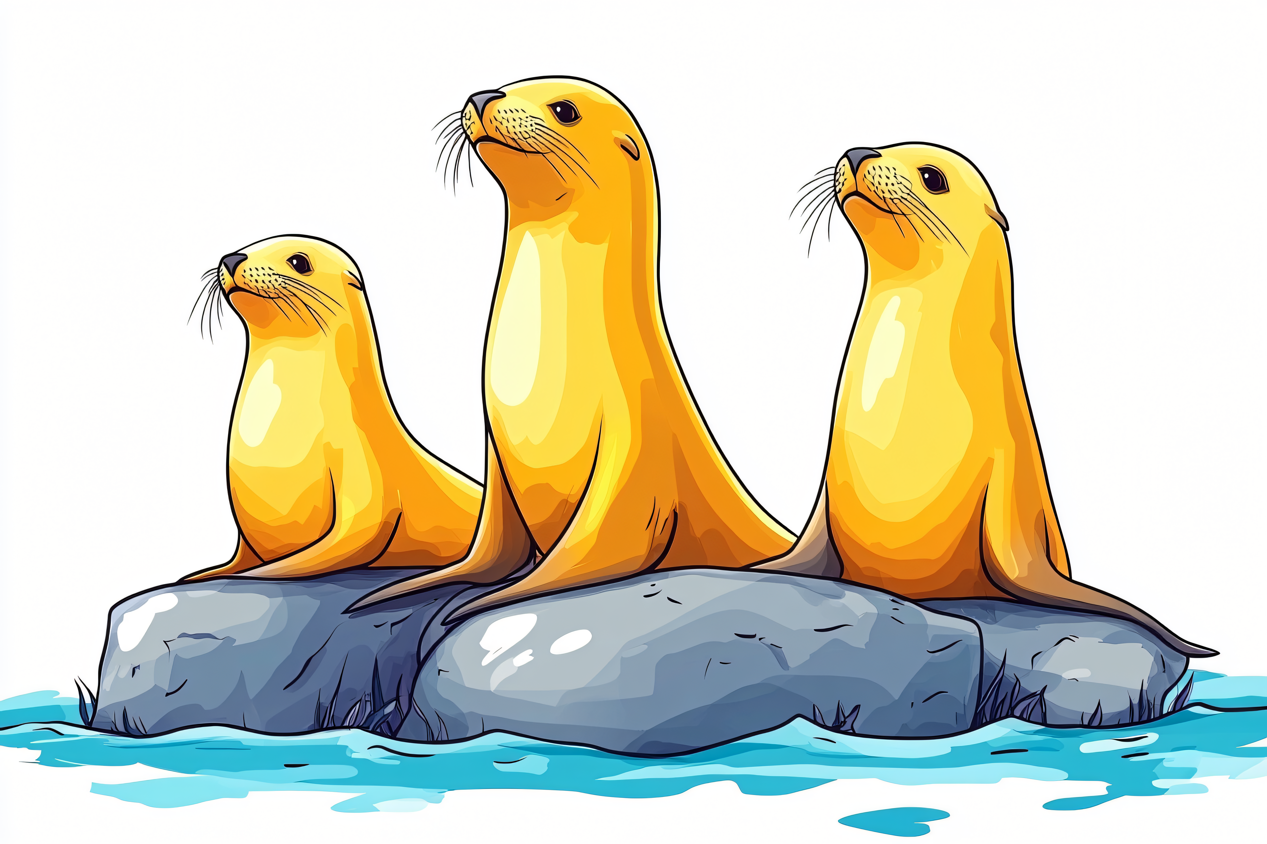 Three Sea Lions On Rock