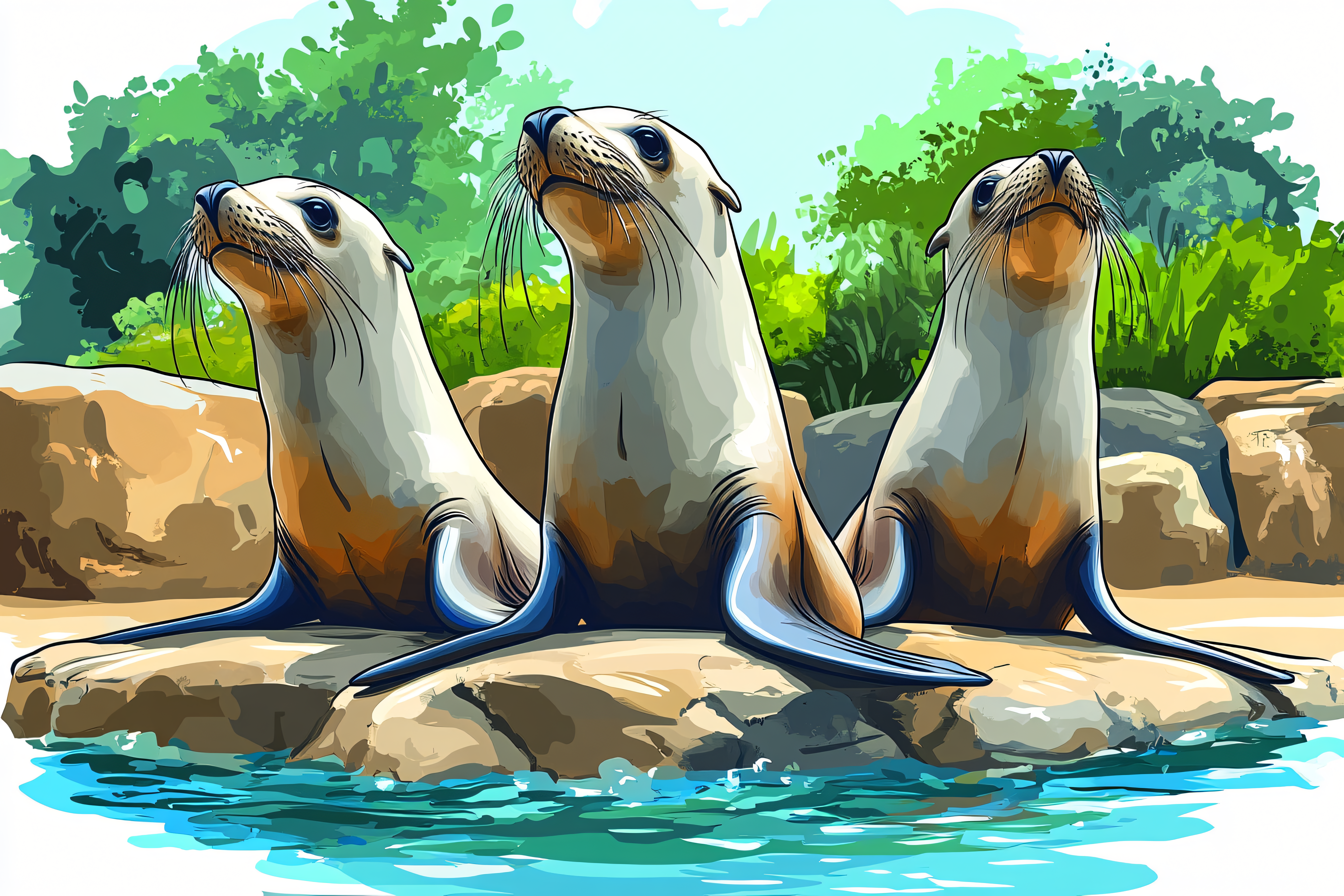 Three Sea Lions On Rocks
