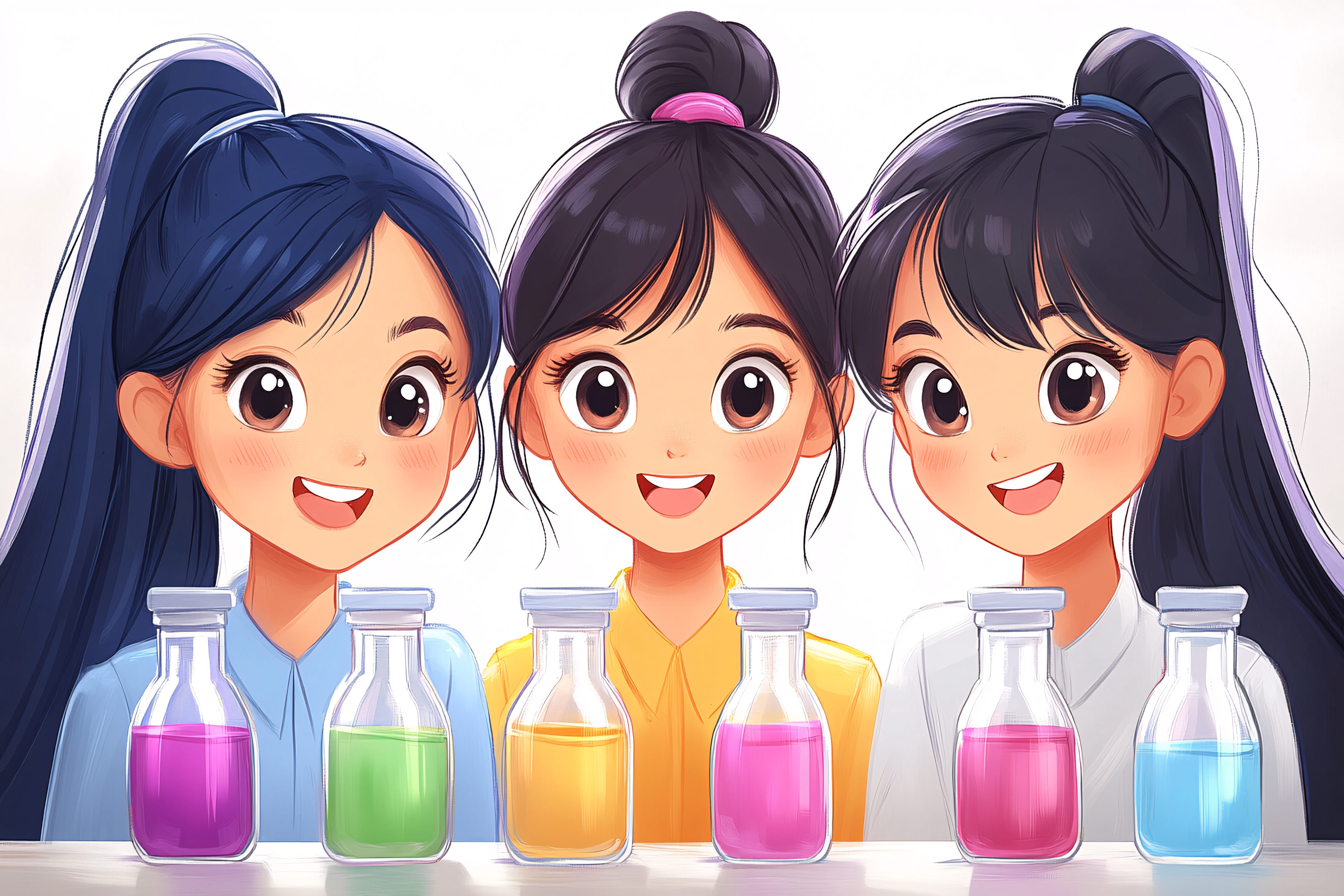 Three Smiling Girls with Science Liquids