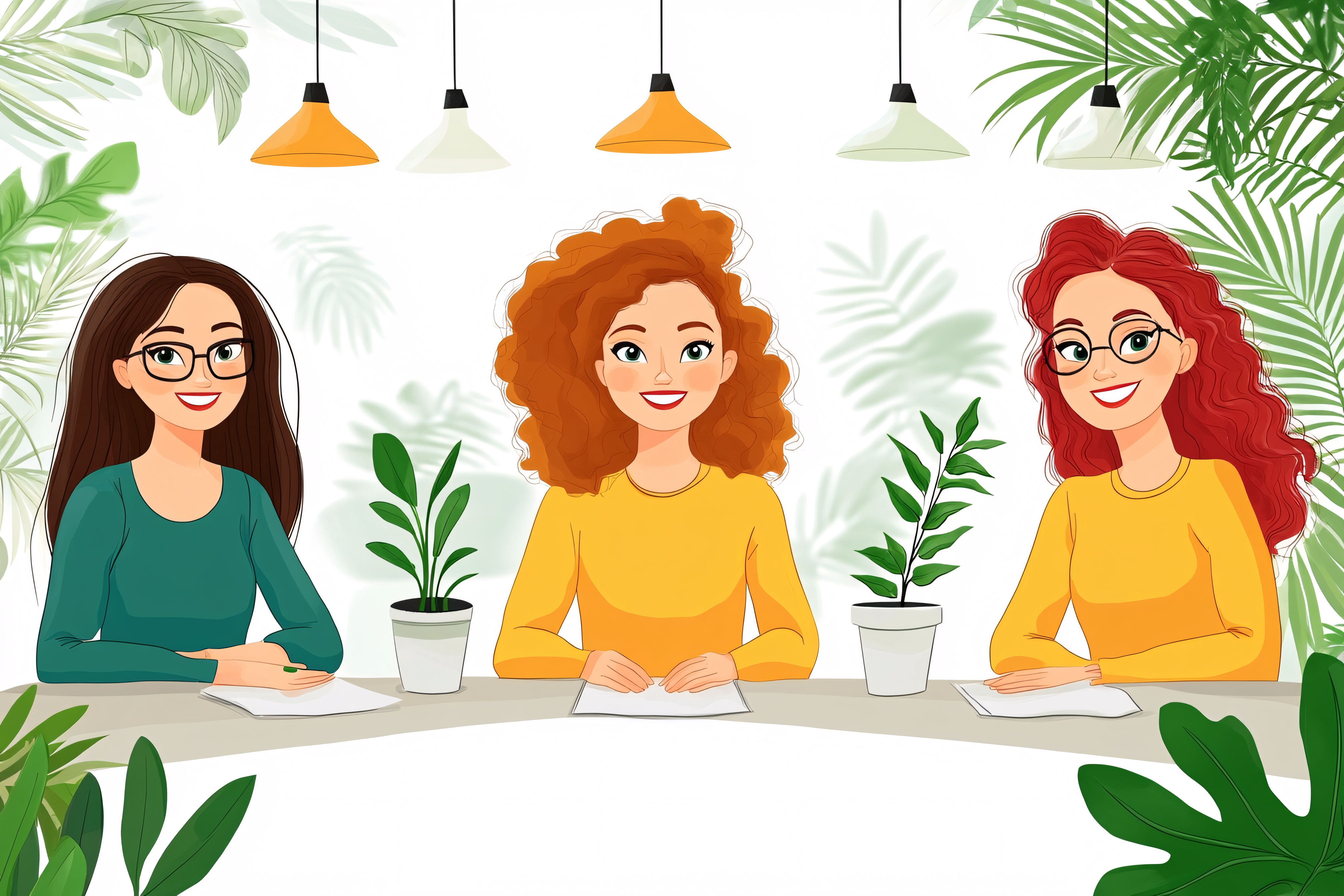 Three Women at Desk with Plants