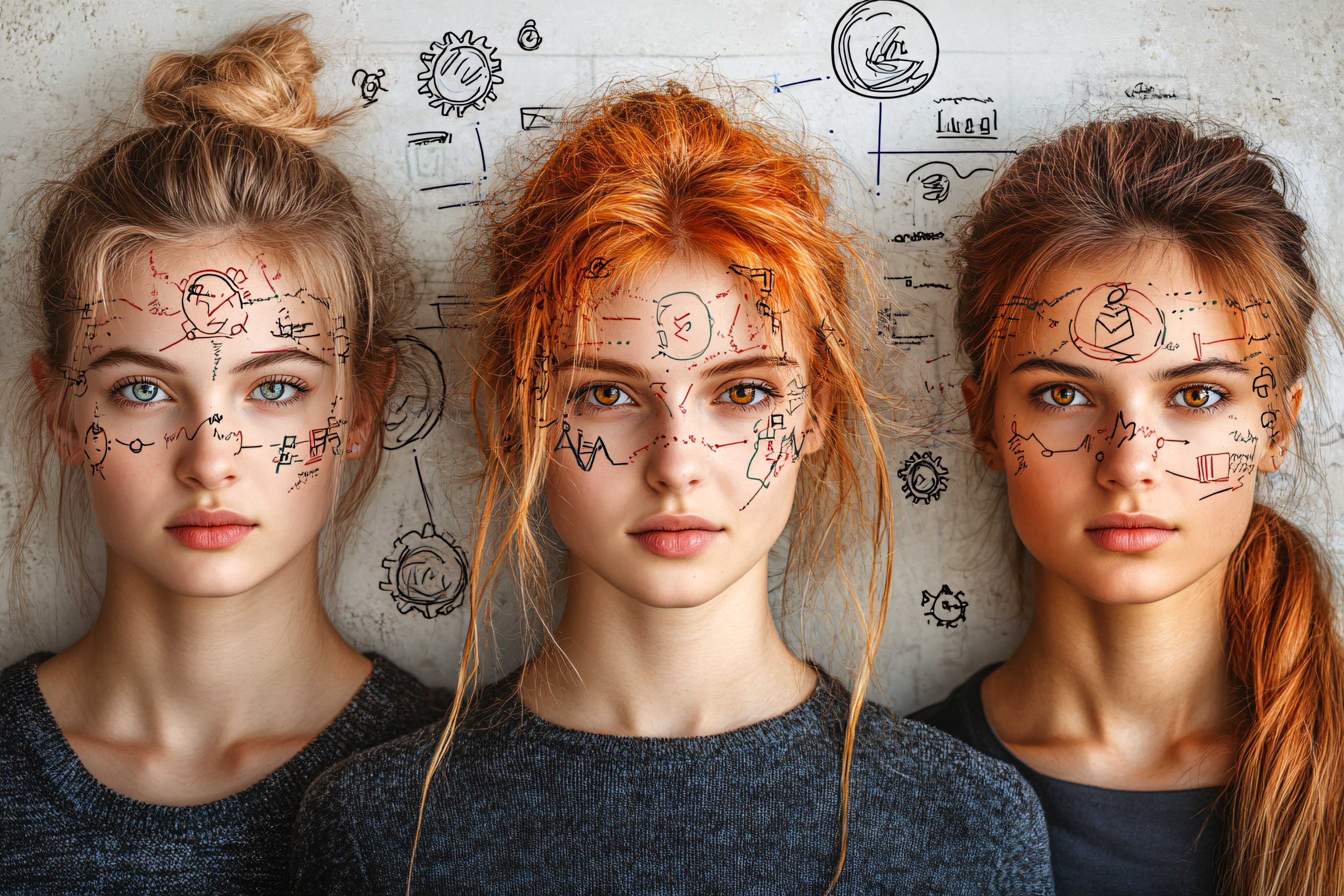 Three Women with Technical Sketches on Face