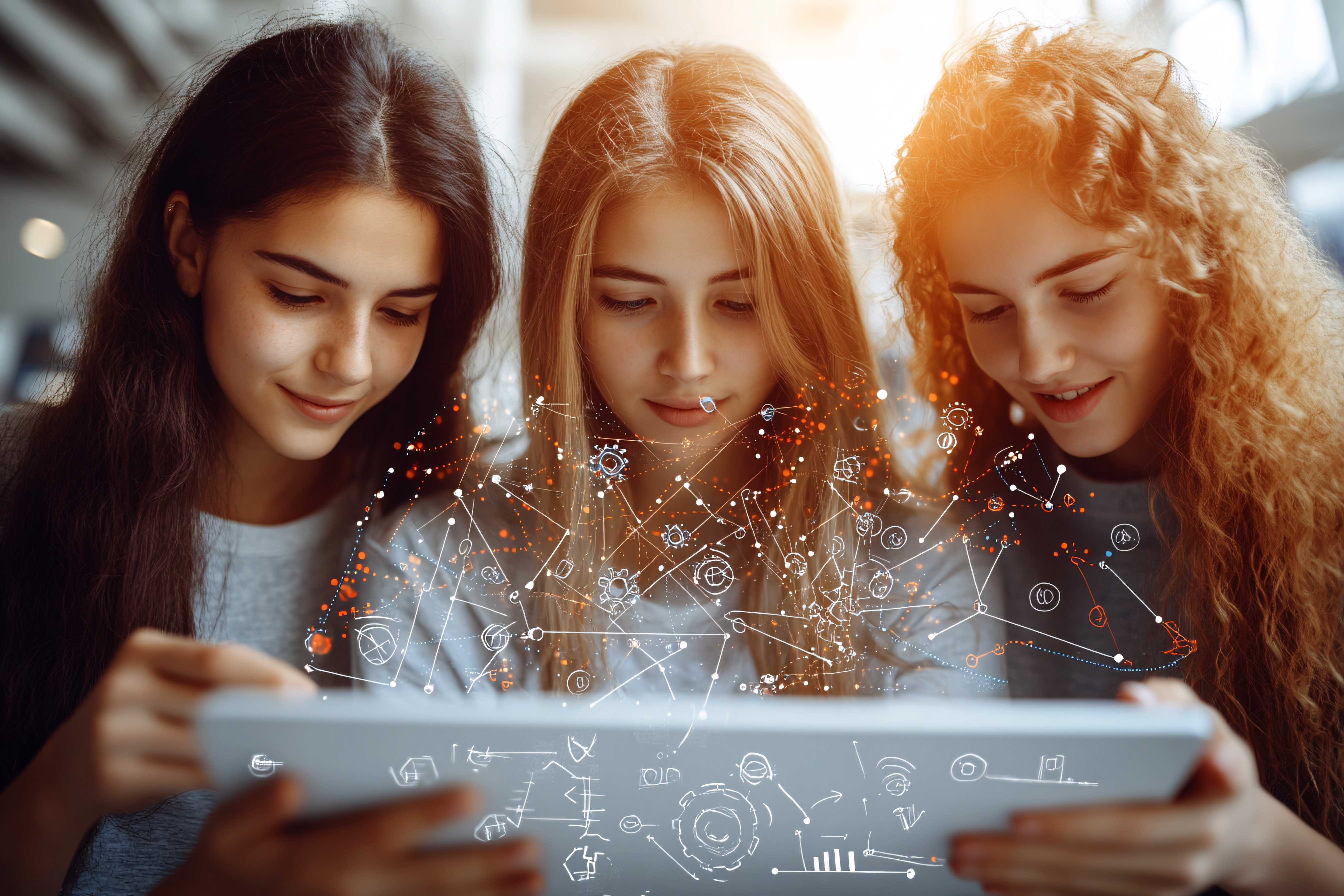 Three Young Women Using a Tablet with Network Overlay