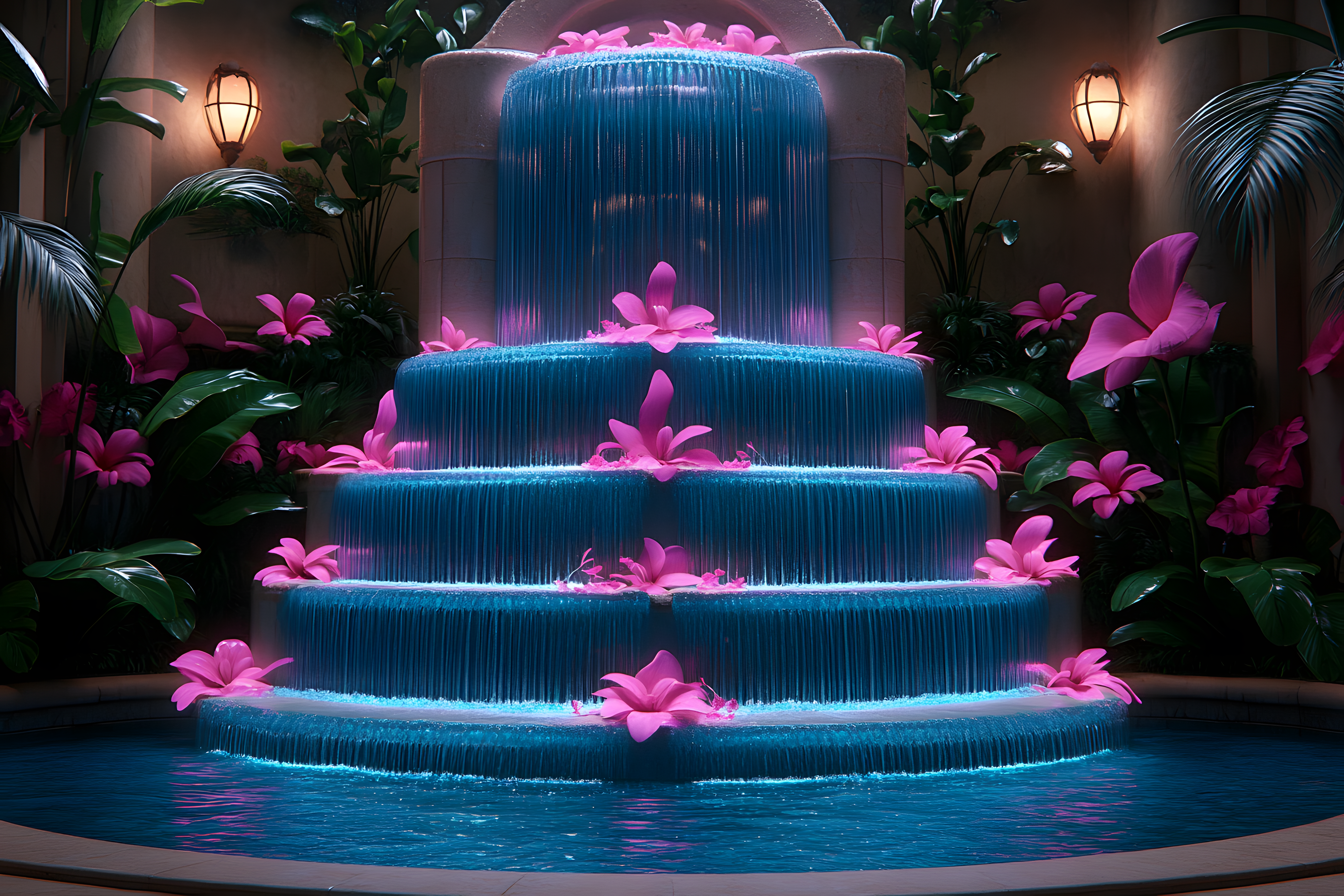 Tiered Fountain with Pink Flowers