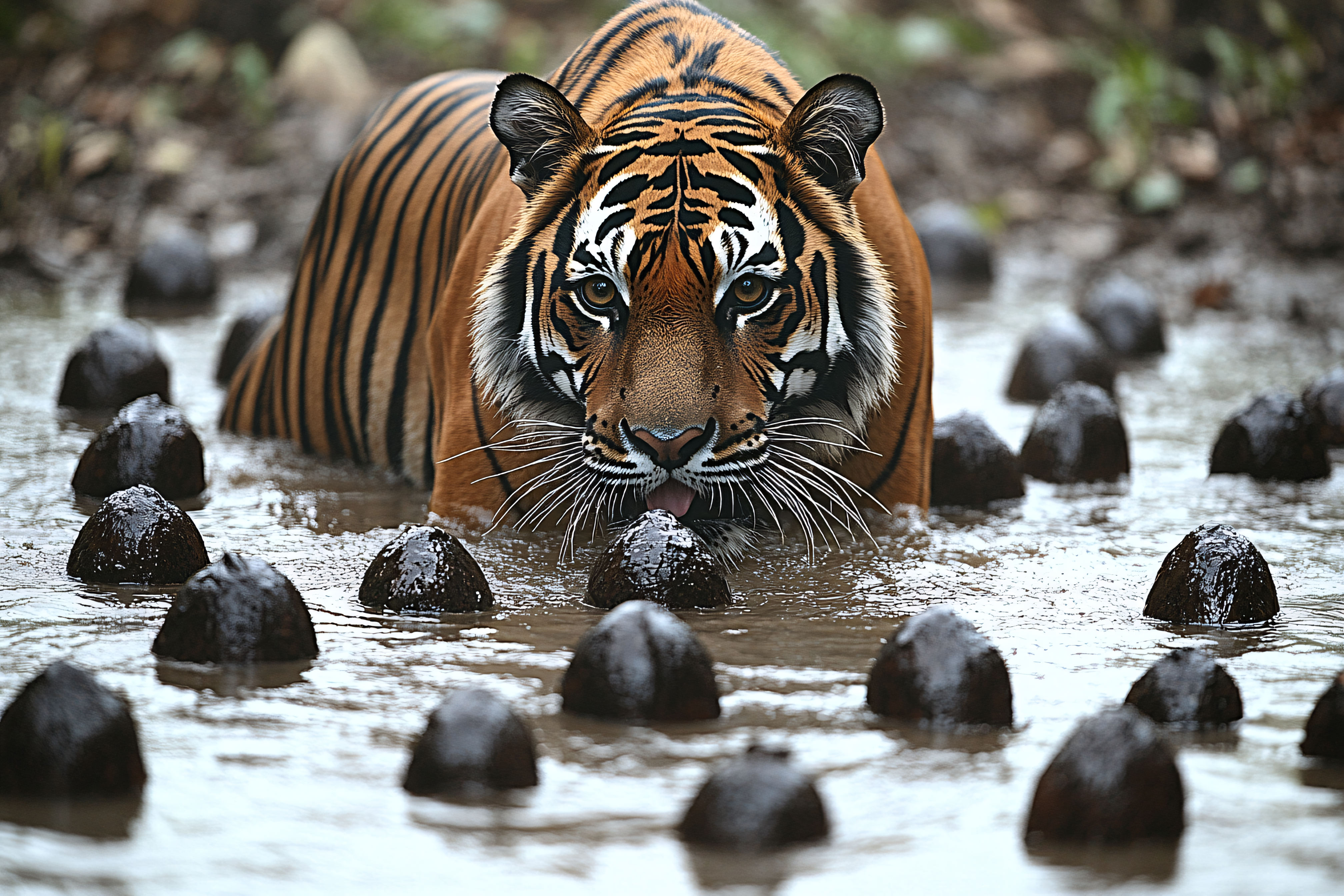 Tiger Drinking Water in Forest