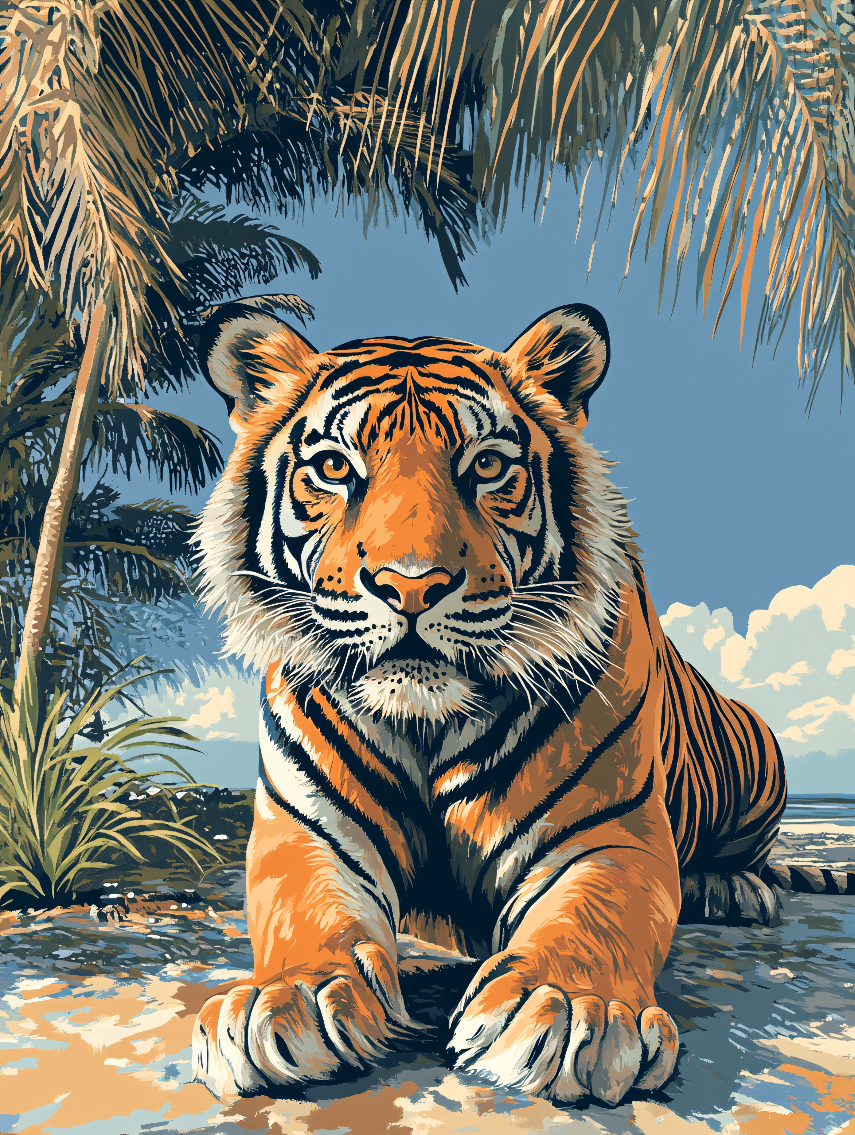 Tiger Relaxing Under Palm Trees