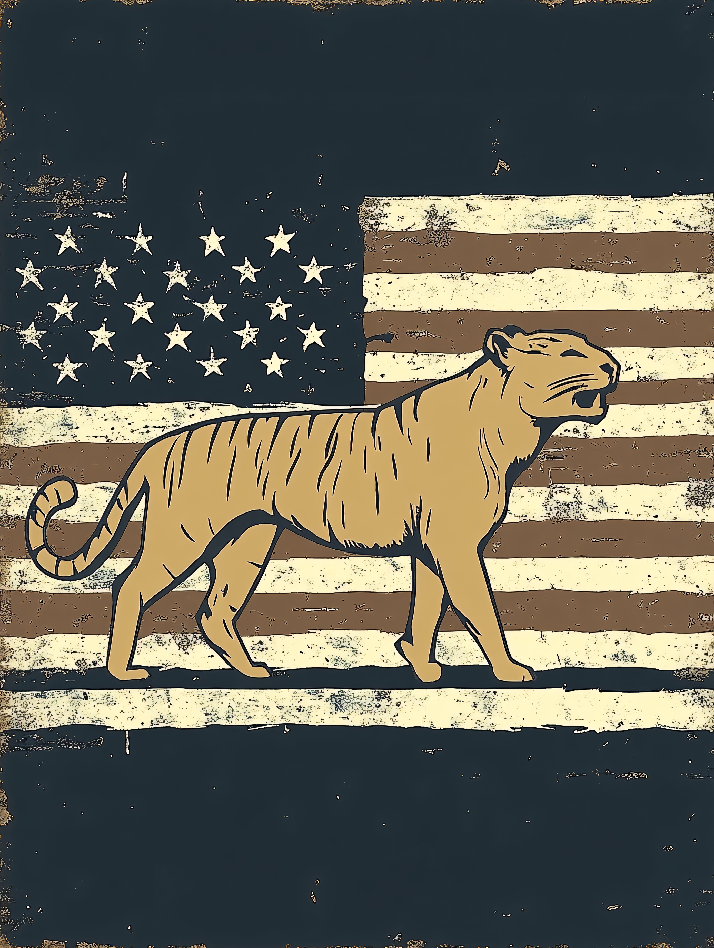 Tiger Silhouette Over Distressed American Flag