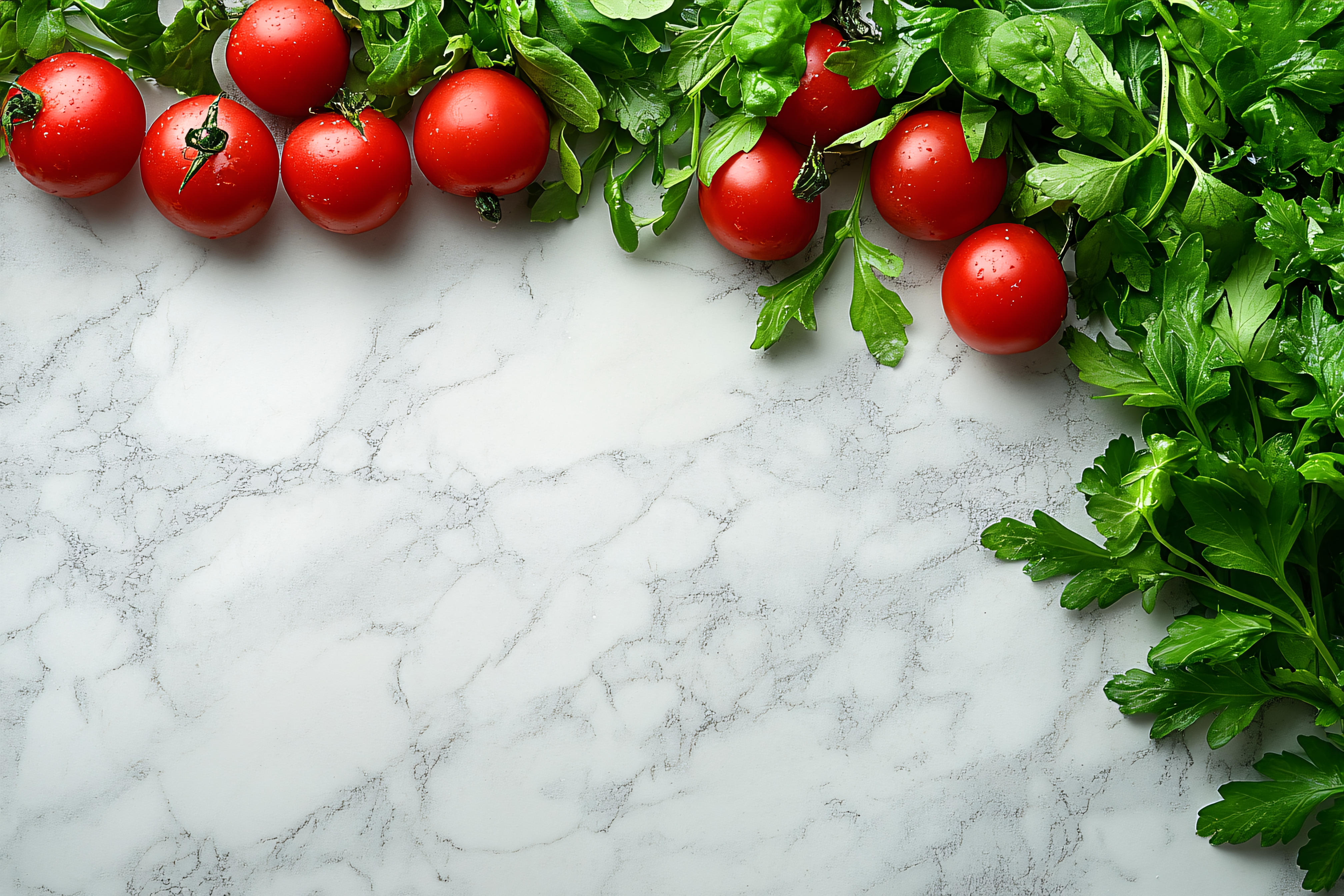 Tomatoes And Greens On Marble Surface