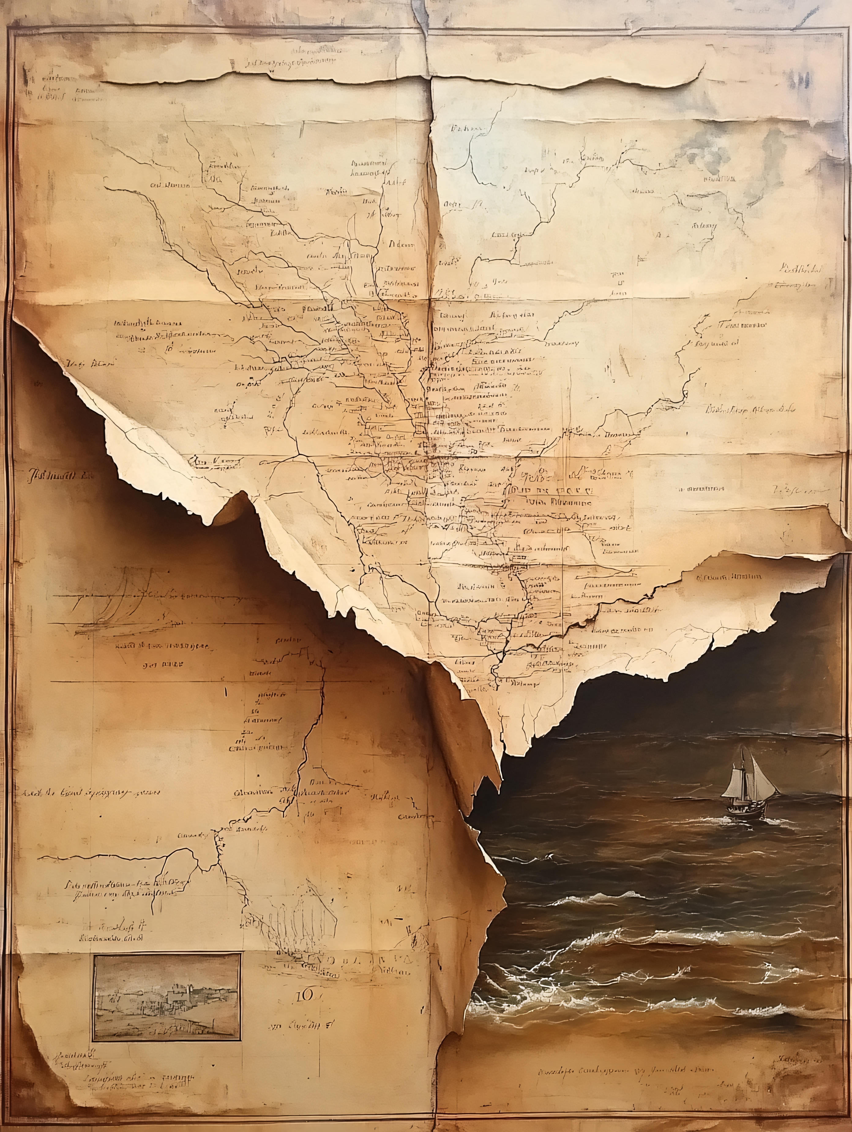 Torn Map Revealing Ocean Scene